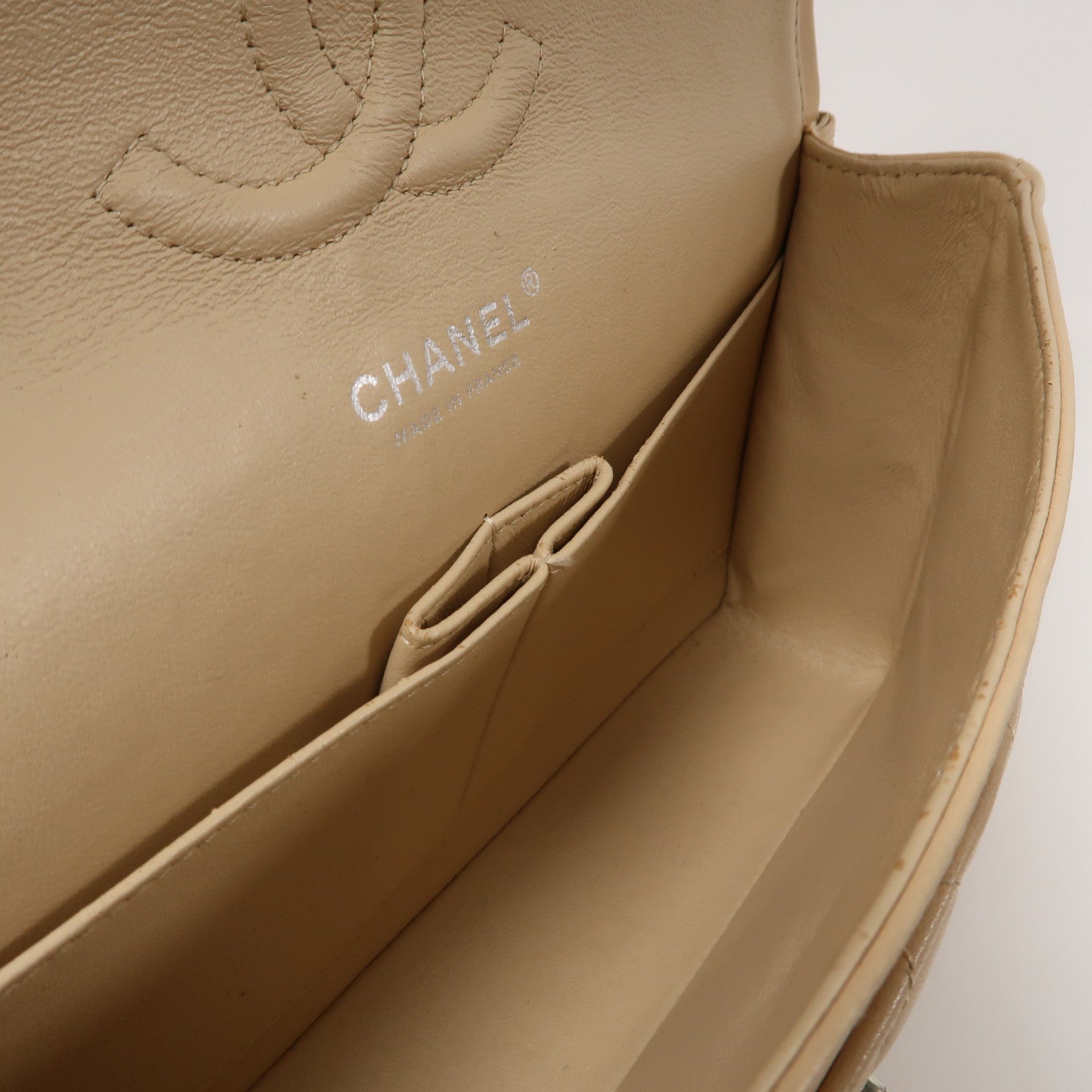 CHANEL 菱格羊皮皮革Chain Shoulder Bag銀扣鏈帶肩背袋米色