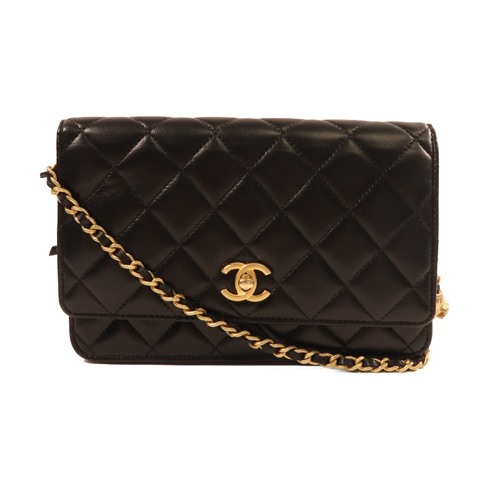 CHANEL 羊皮皮革Wallet On Chain金扣鏈帶肩背袋黑色