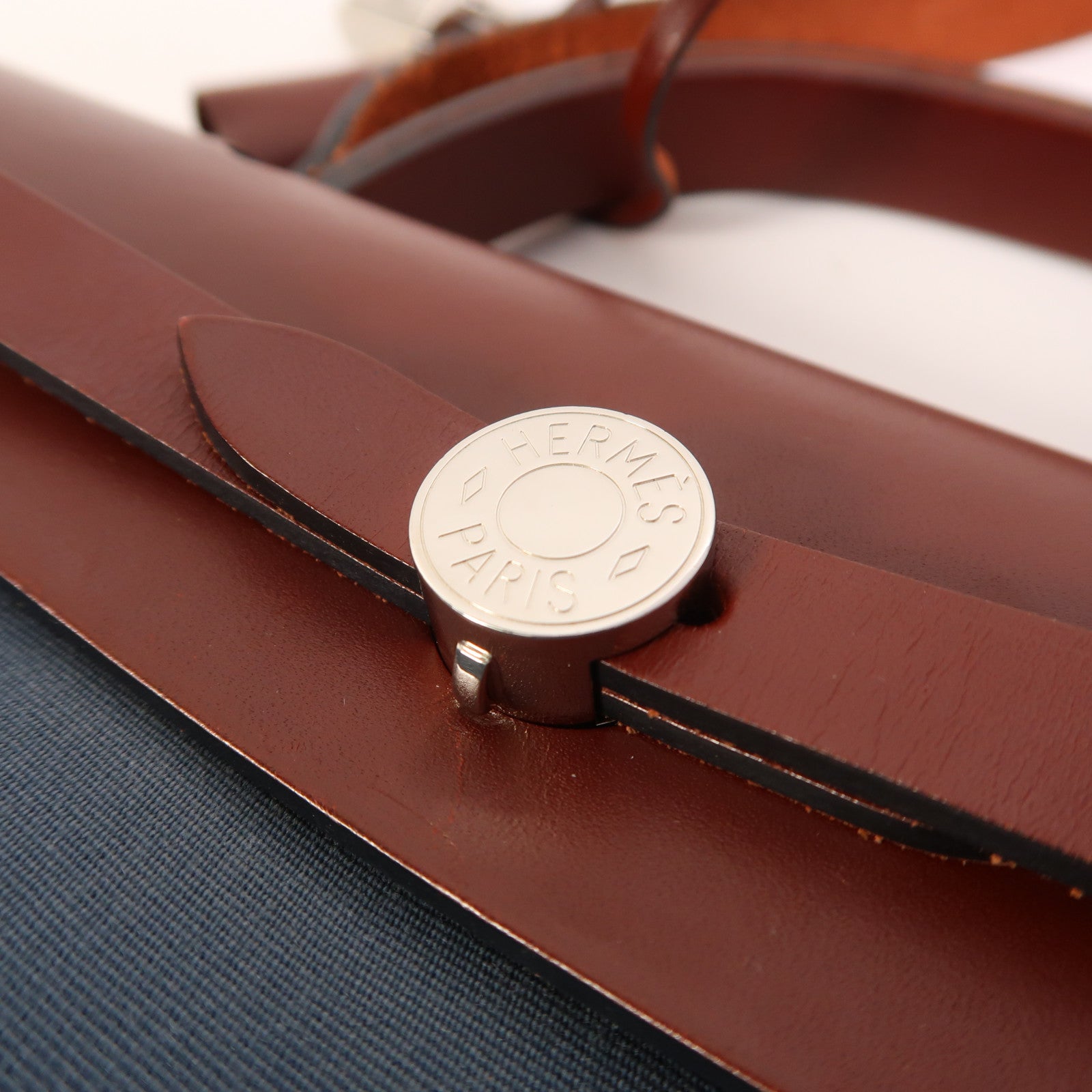 HERMES 帆布Herbag PM銀扣手挽肩背兩用袋Bleu Tempete/Rouge H