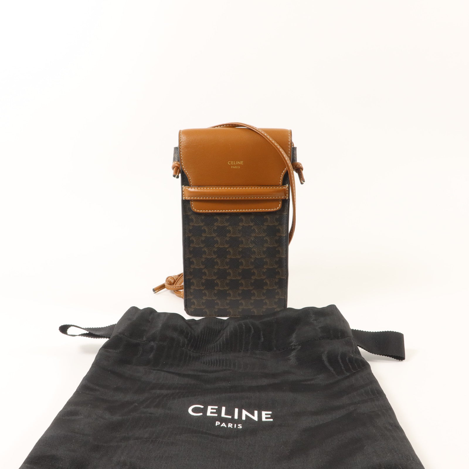 CELINE 塗層帆布/羊皮皮革Triomphe Phone Case電話肩背袋
