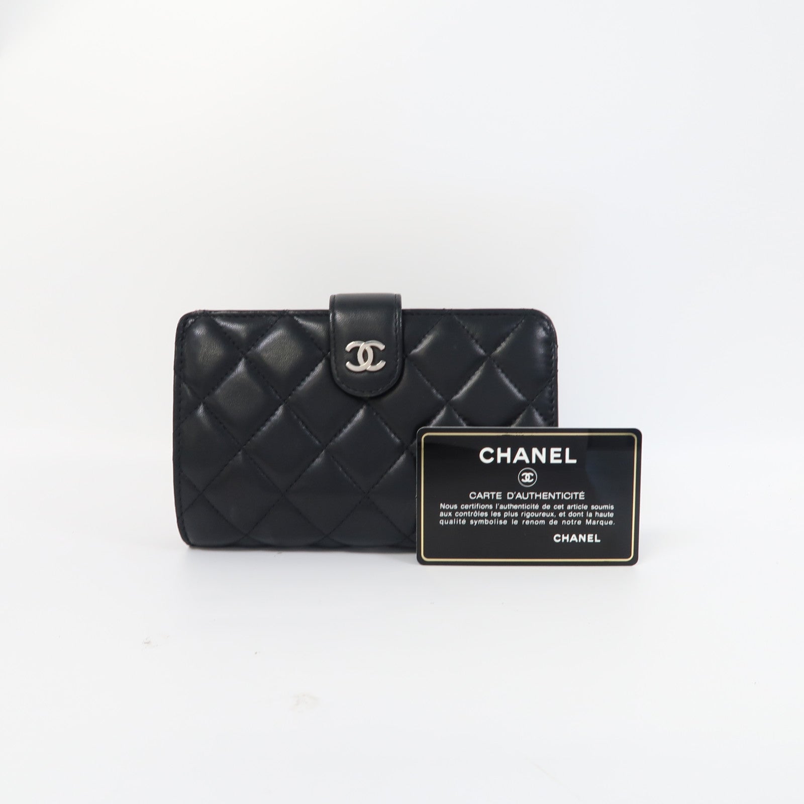 CHANEL 菱格羊皮皮革Wallet銀扣長錢包黑色
