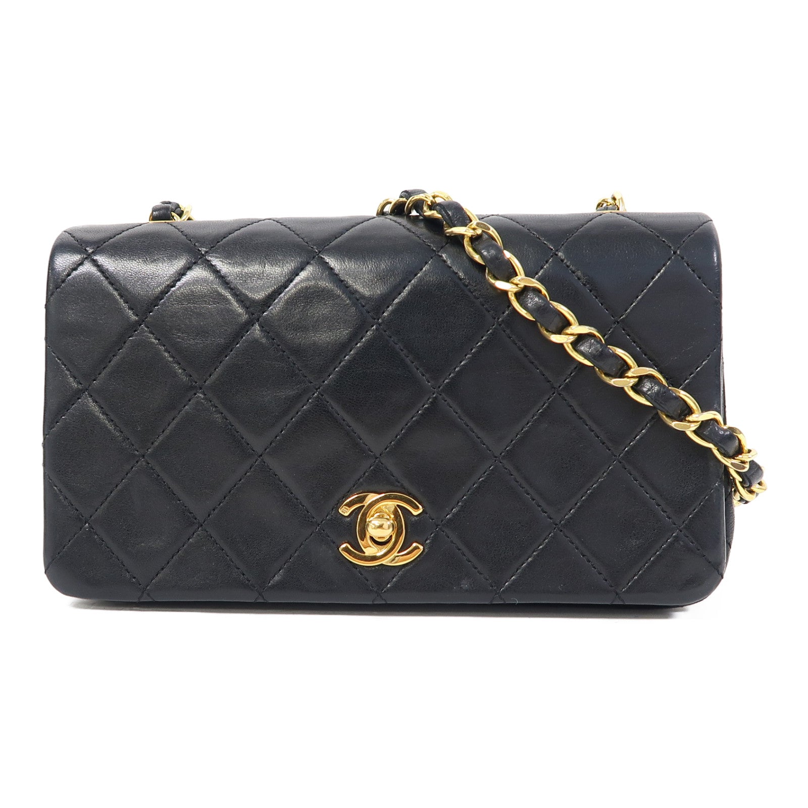 CHANEL 菱格羊皮皮革Chain Shoulder金扣鏈帶肩背袋黑色