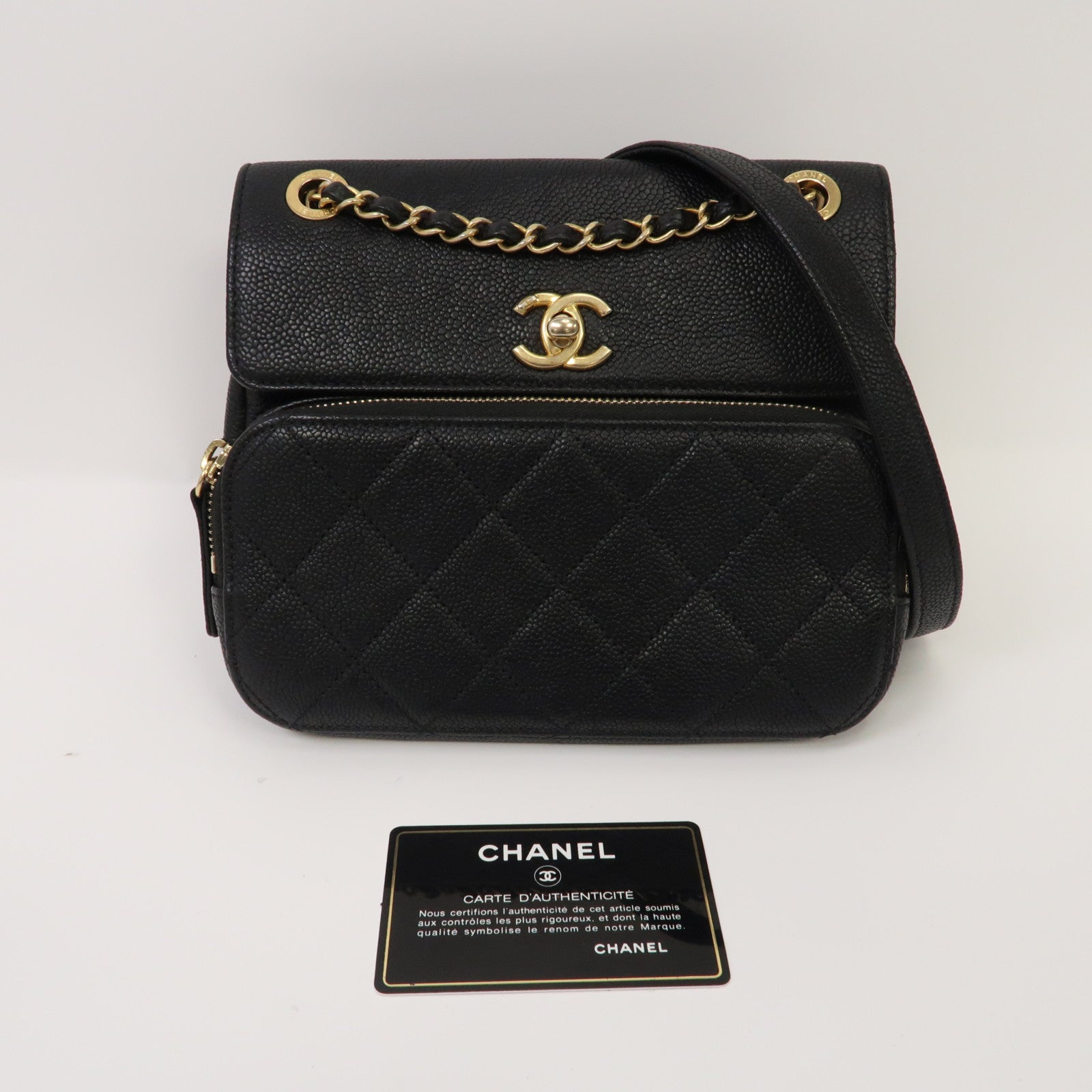 CHANEL 菱格Caviar皮革Chain Shoulder Bag金扣鏈帶肩背袋黑色