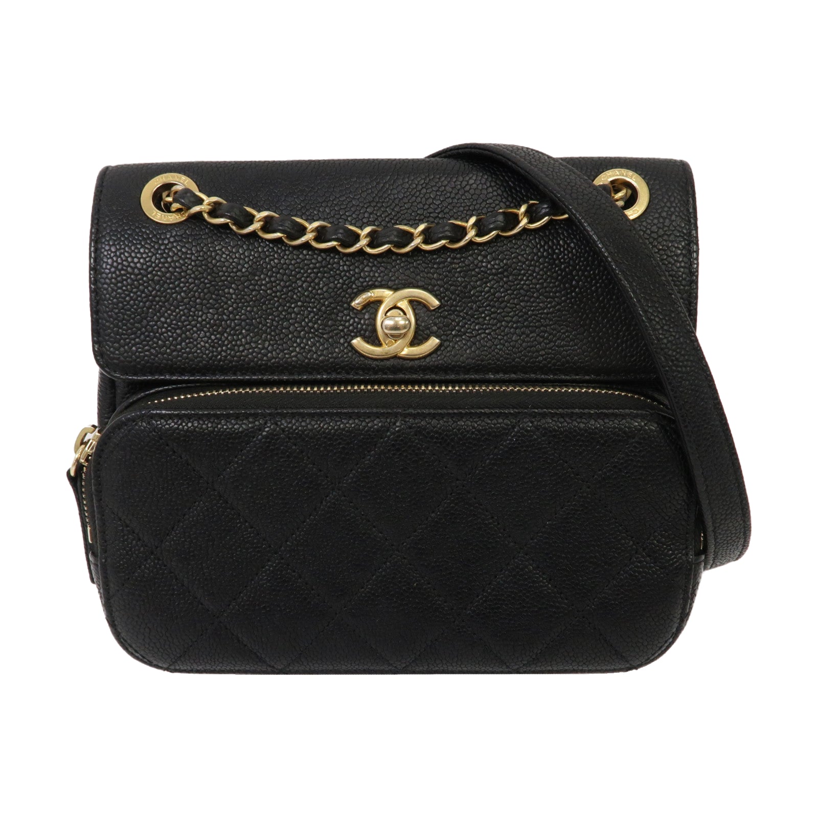 CHANEL 菱格Caviar皮革Chain Shoulder Bag金扣鏈帶肩背袋黑色