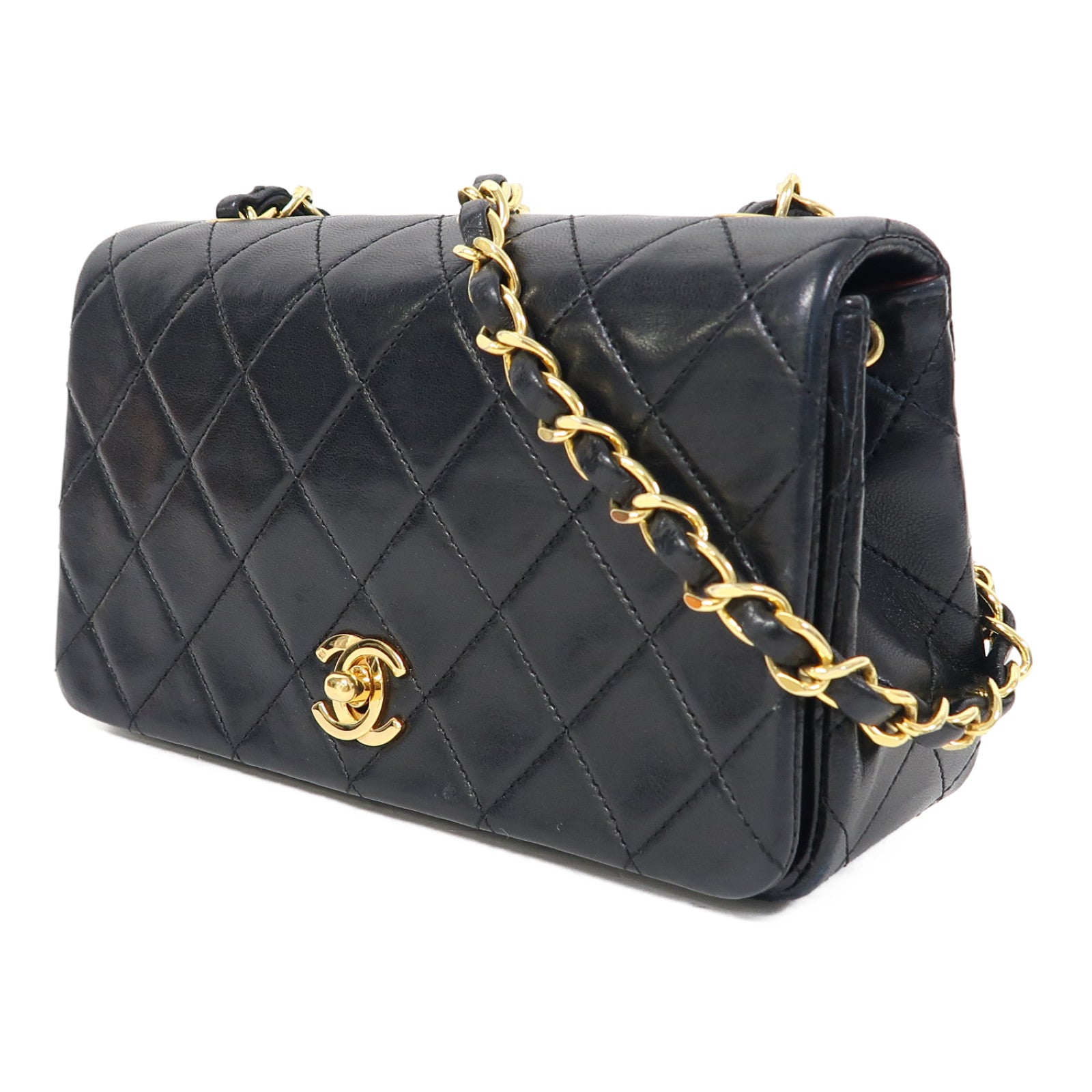 CHANEL 菱格羊皮皮革Chain Shoulder金扣鏈帶肩背袋黑色