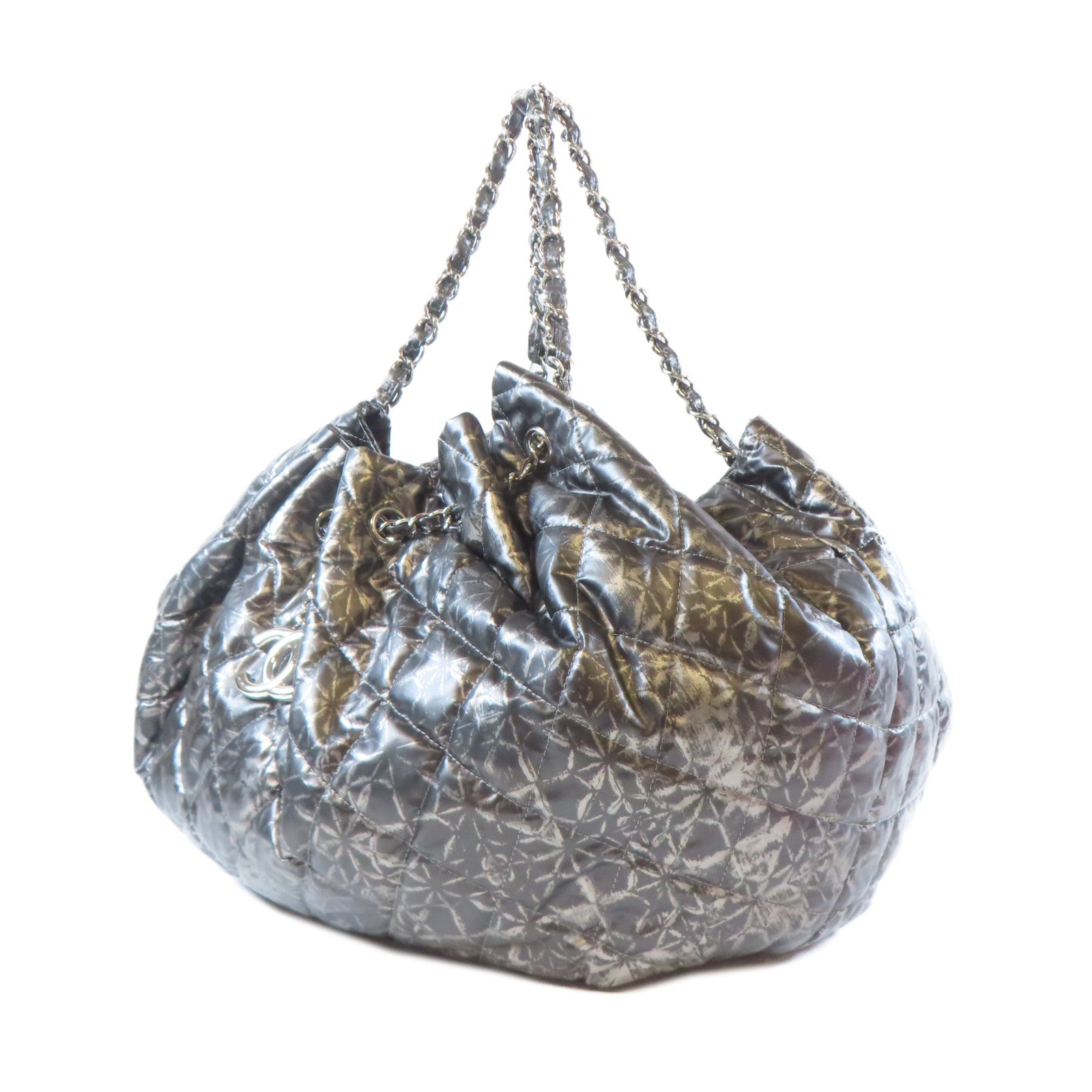 CHANEL 【激減優惠】菱格尼龍Handbag銀扣鏈帶肩背袋黑色/銀灰色