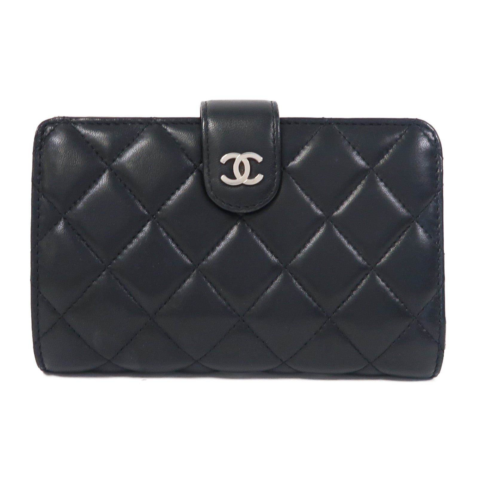 CHANEL 菱格羊皮皮革Wallet銀扣長錢包黑色
