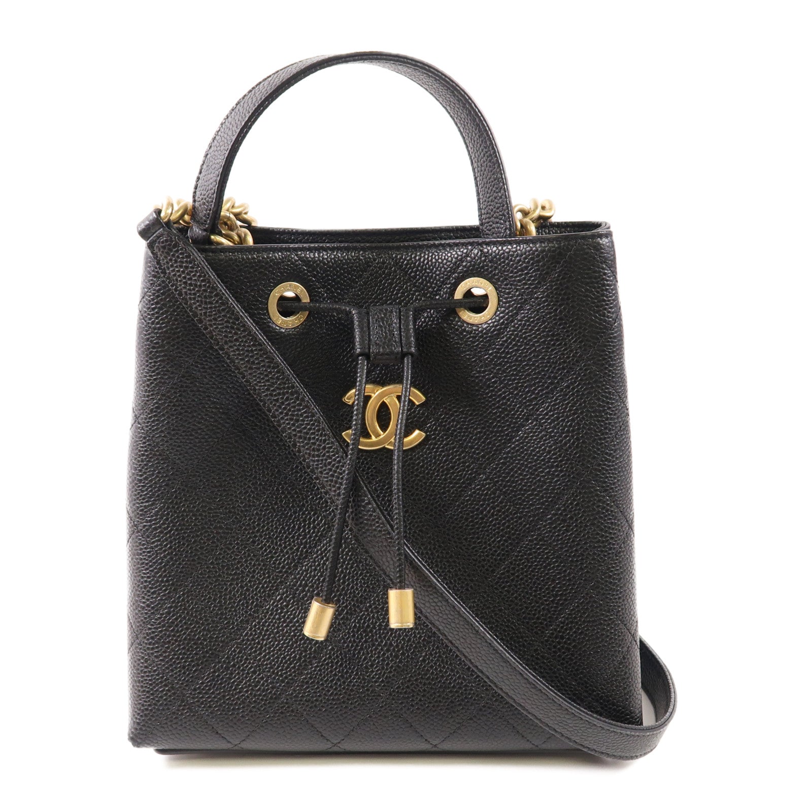 CHANEL 牛皮皮革Bucket Bag金扣鏈帶手挽肩背兩用袋