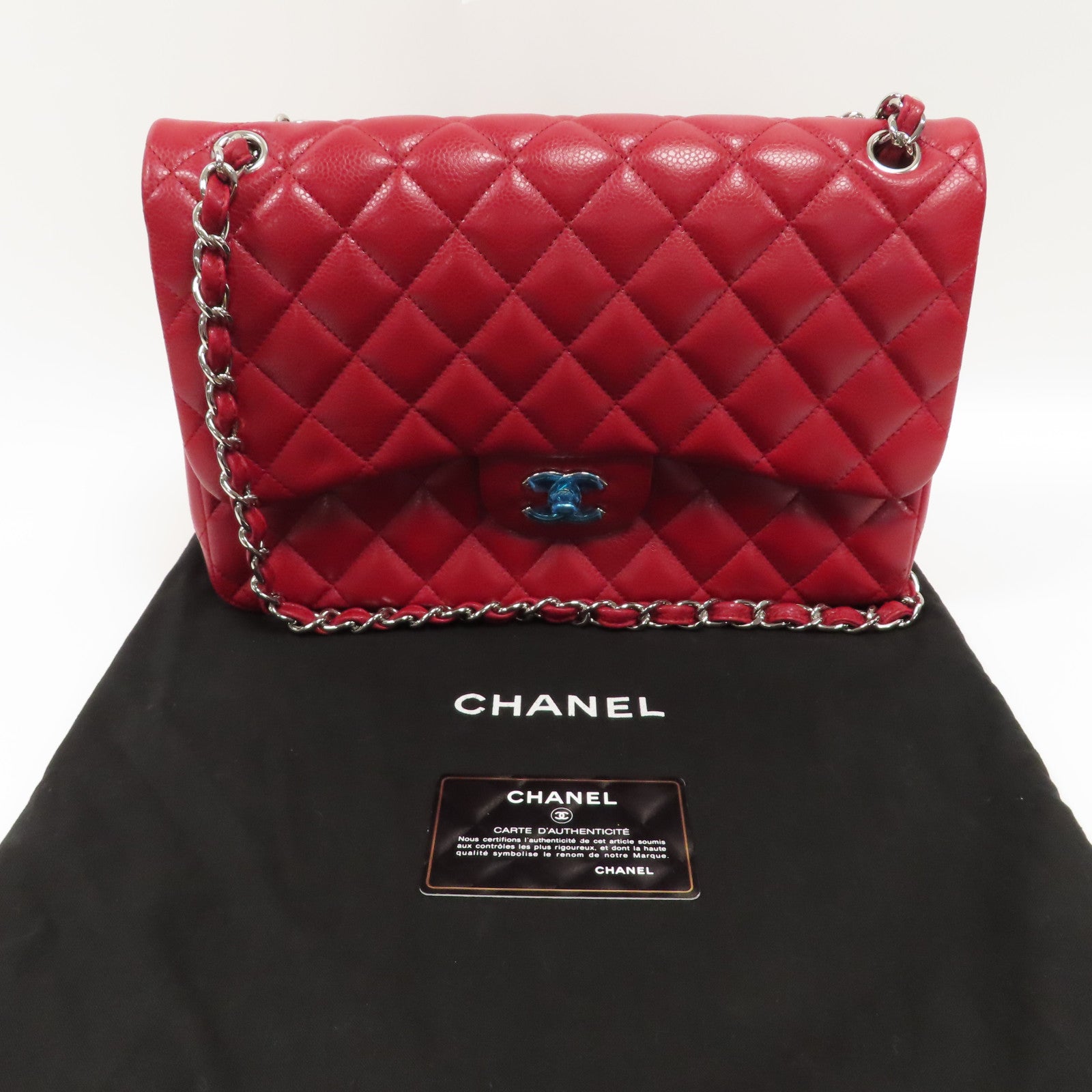 CHANEL 【激減優惠】菱格牛皮皮革Classic Jumbo銀扣鏈帶肩背袋紅色