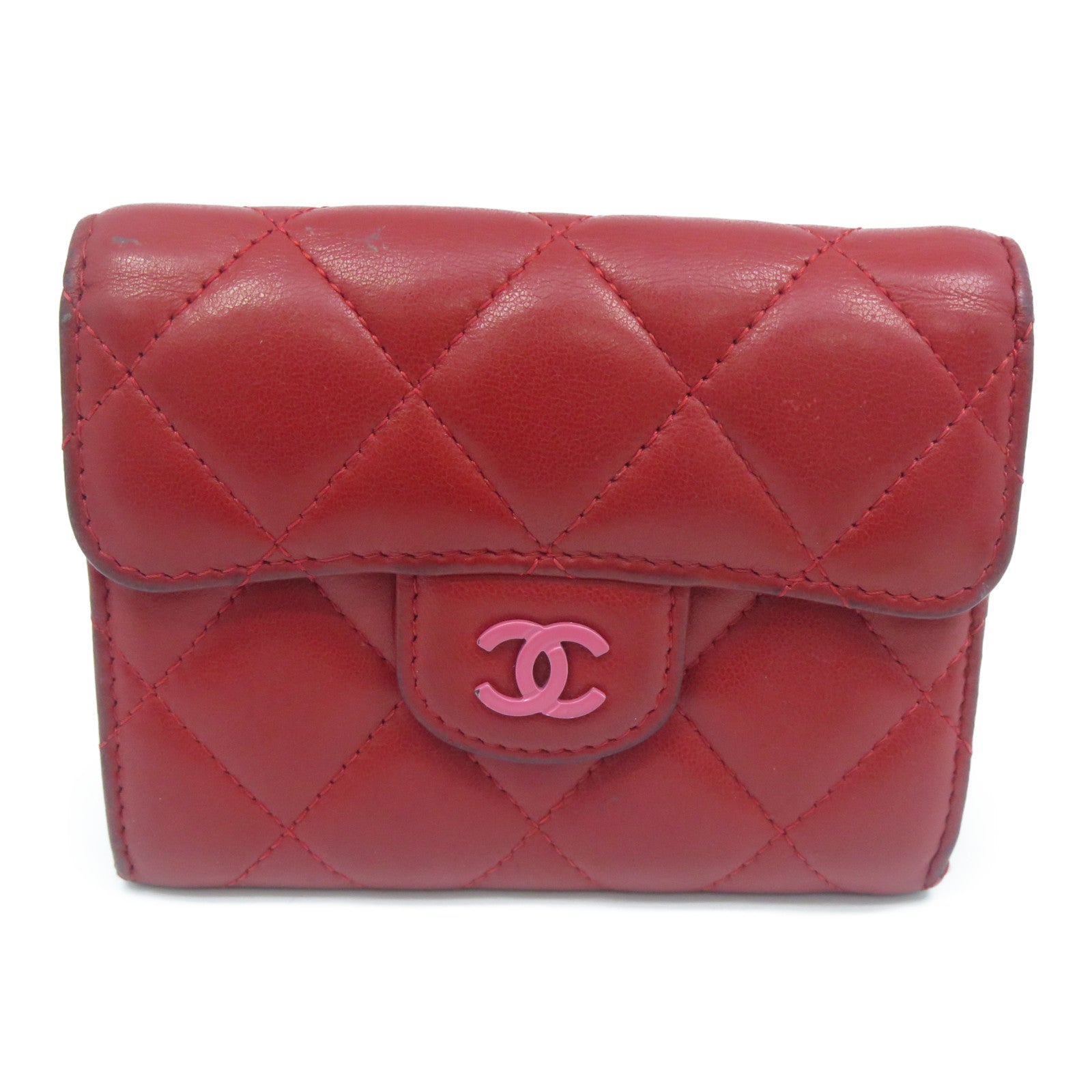 CHANEL 【清倉大減價】菱格羊皮皮革Coin Purse銀扣零錢包紅色