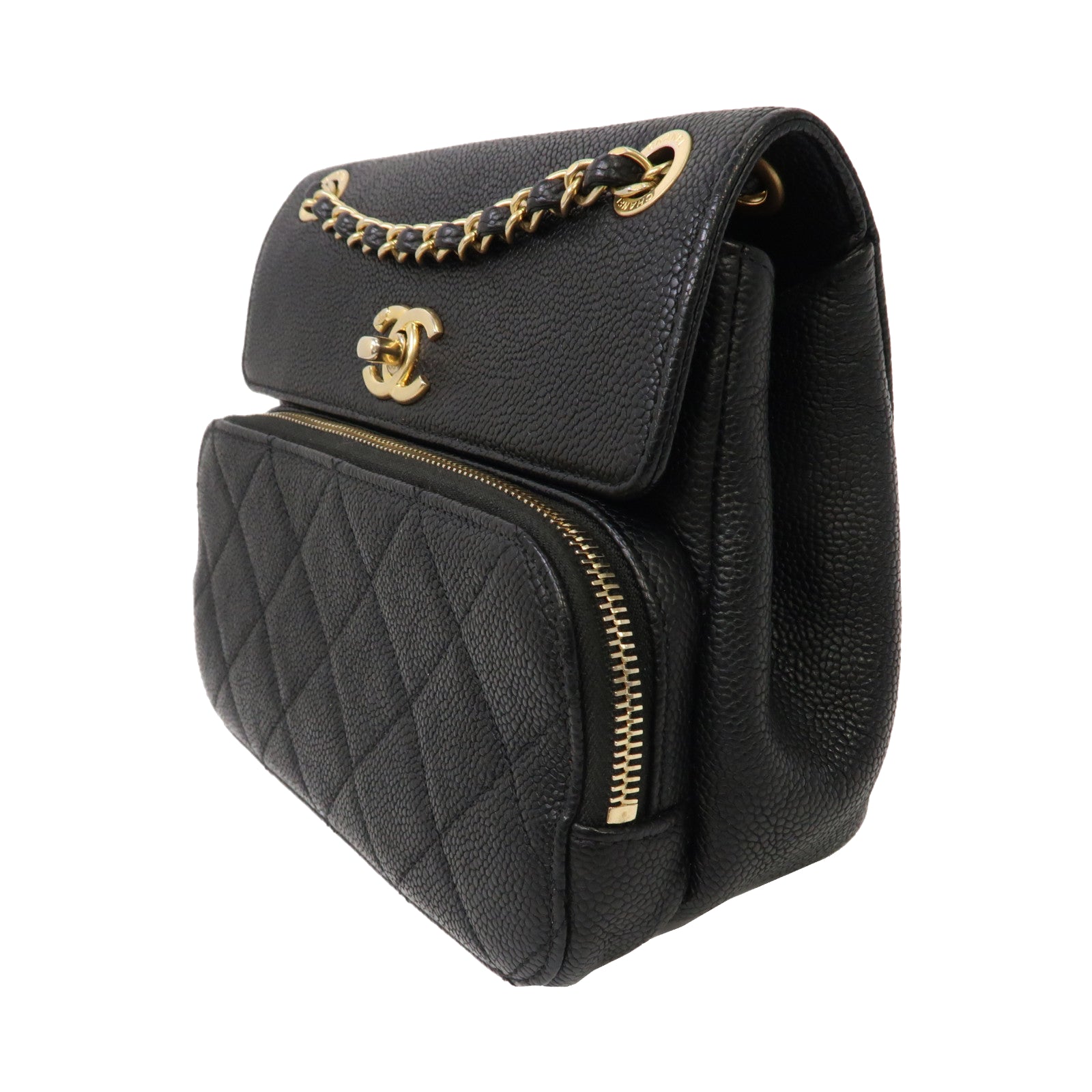 CHANEL 菱格Caviar皮革Chain Shoulder Bag金扣鏈帶肩背袋黑色