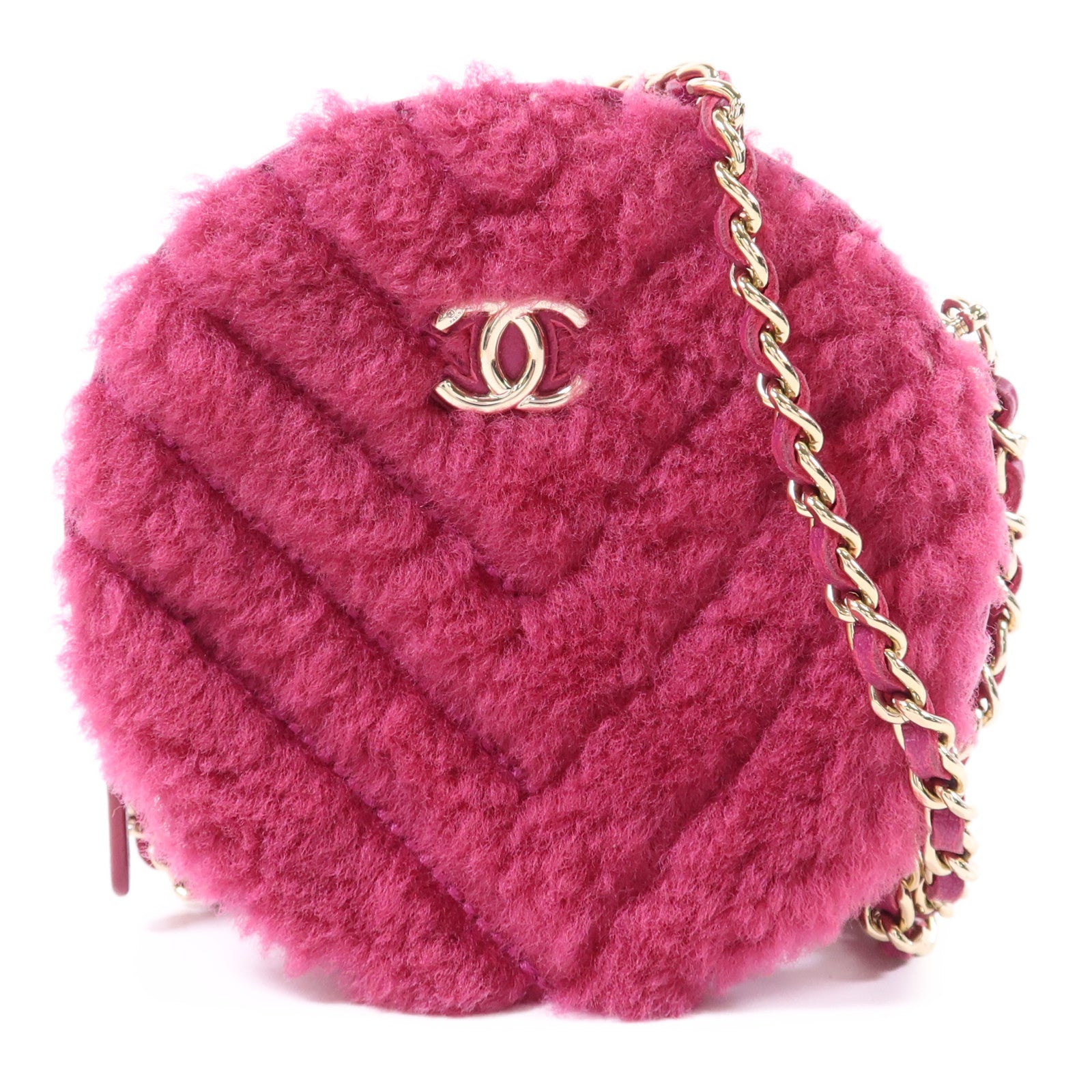 CHANEL 羊毛/牛皮皮革Chain Shoulder Bag金扣鏈帶肩背袋