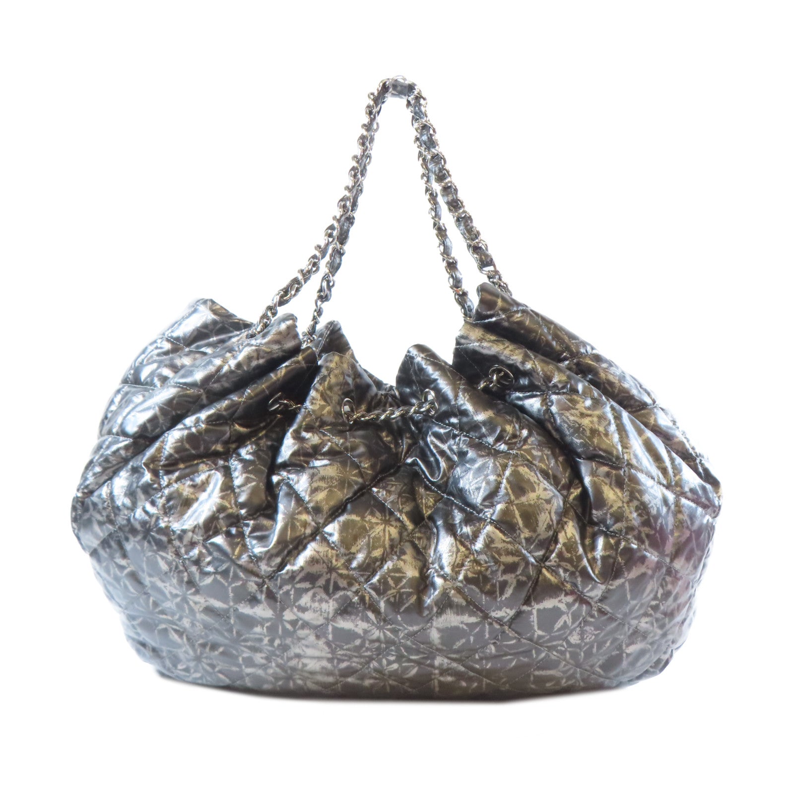 CHANEL 【激減優惠】菱格尼龍Handbag銀扣鏈帶肩背袋黑色/銀灰色