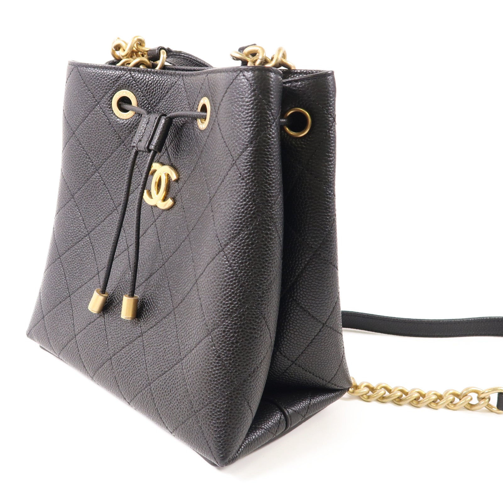 CHANEL 牛皮皮革Bucket Bag金扣鏈帶手挽肩背兩用袋
