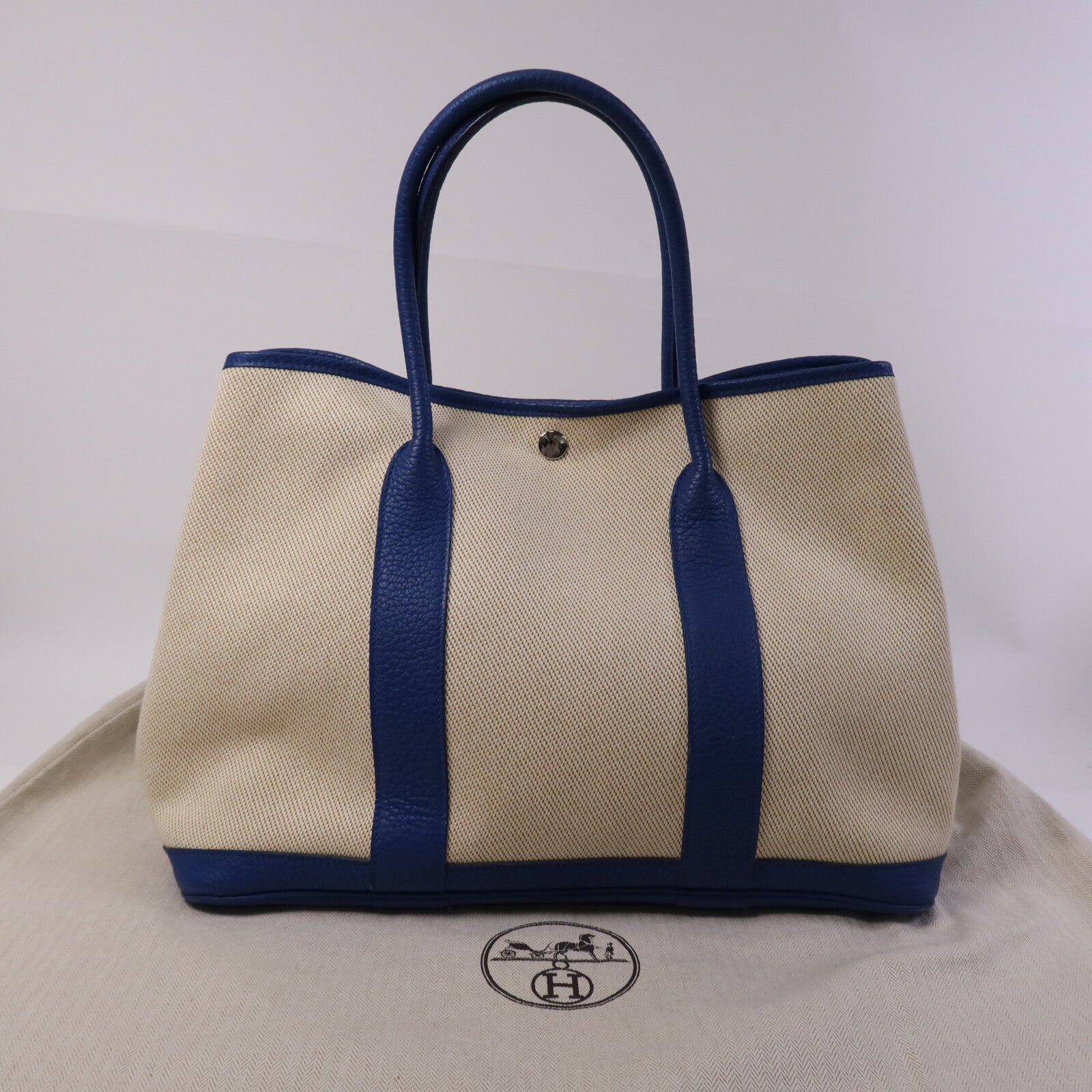 HERMES 帆布/皮革Garden Party PM銀扣手挽袋Bleu France