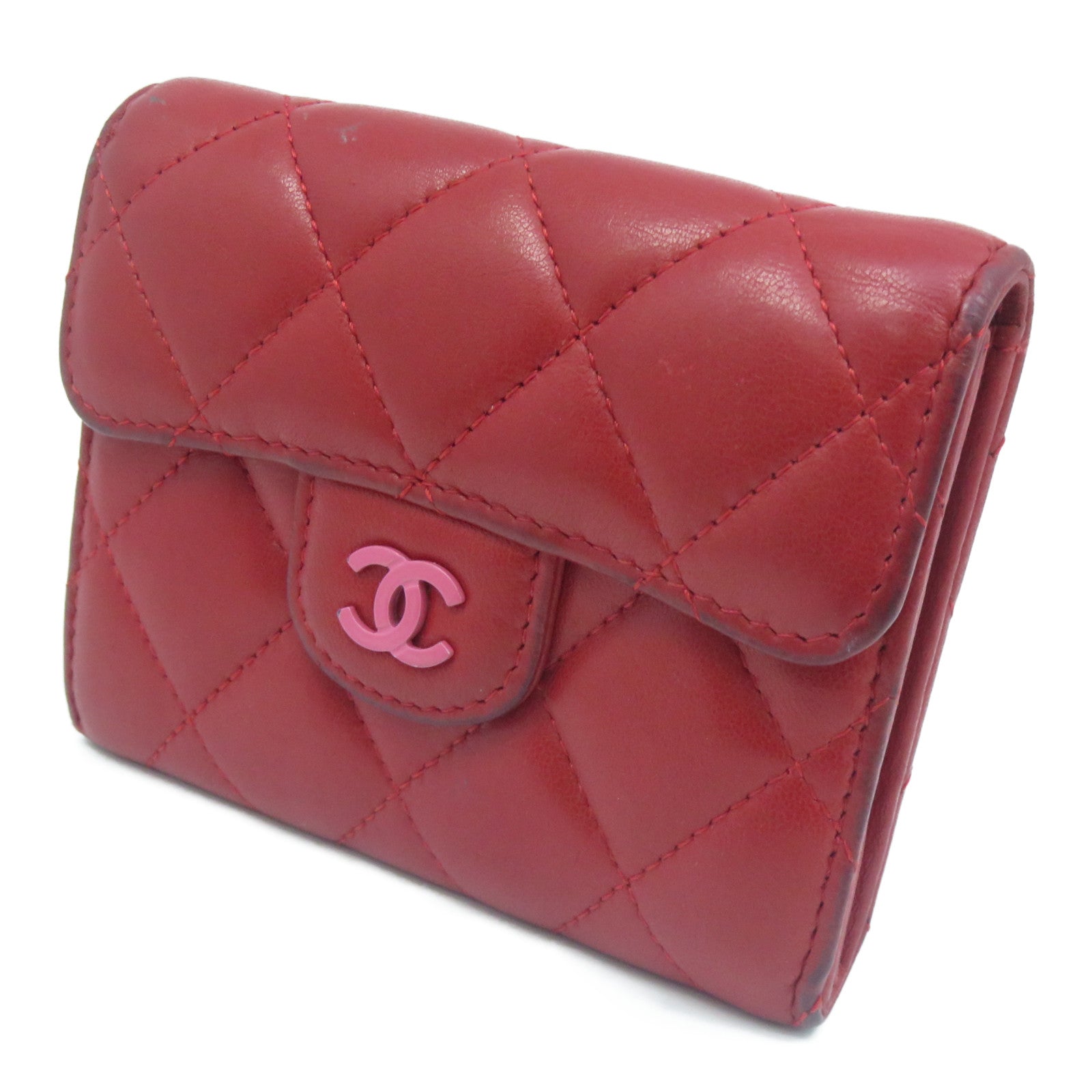 CHANEL 【清倉大減價】菱格羊皮皮革Coin Purse銀扣零錢包紅色