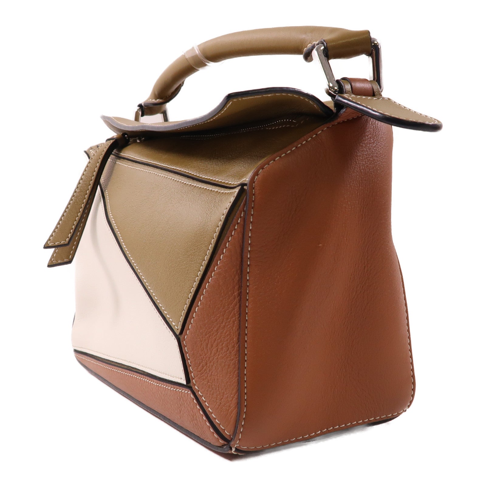 LOEWE 皮革Small Puzzle銀扣手挽肩背兩用袋米色/啡色