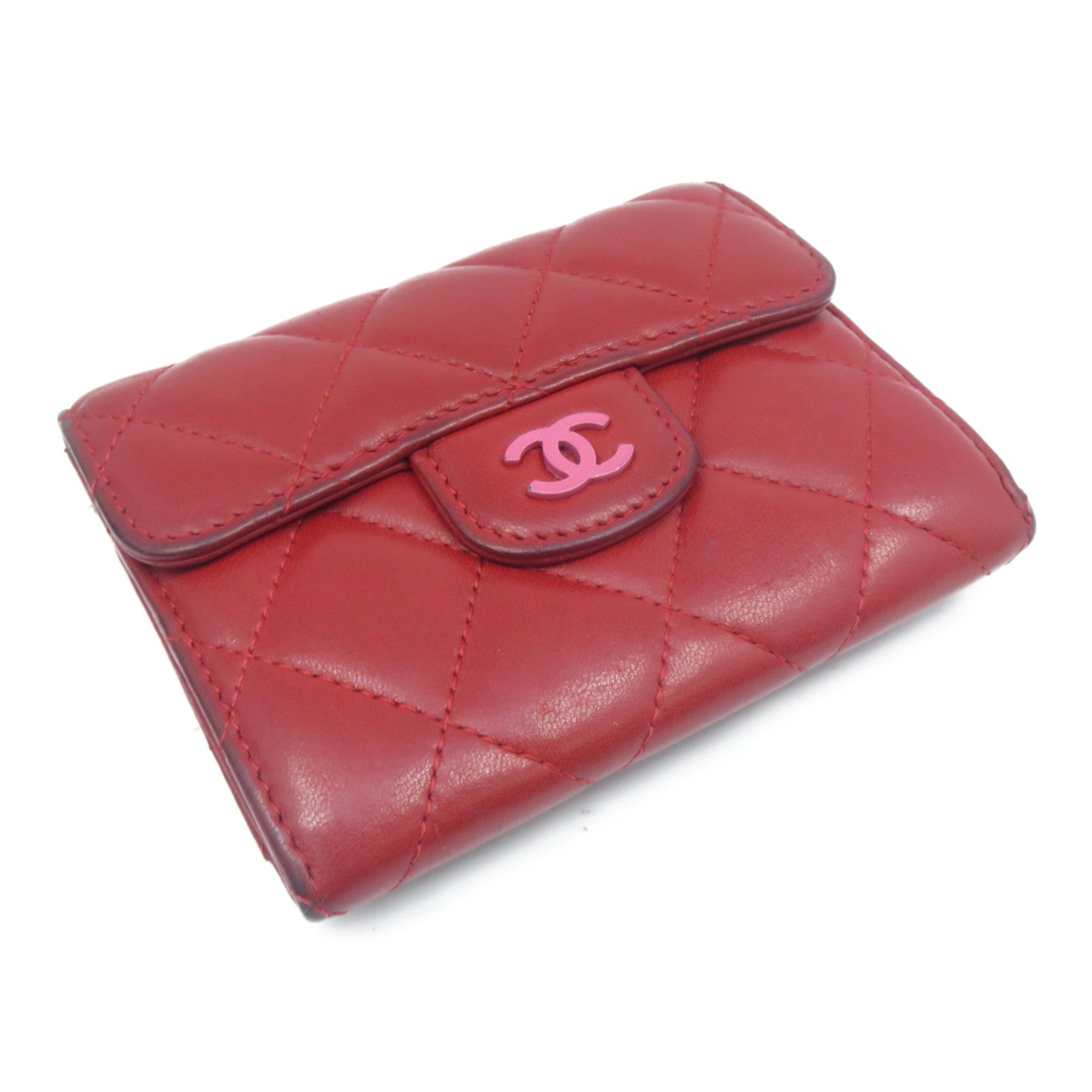 CHANEL 【清倉大減價】菱格羊皮皮革Coin Purse銀扣零錢包紅色