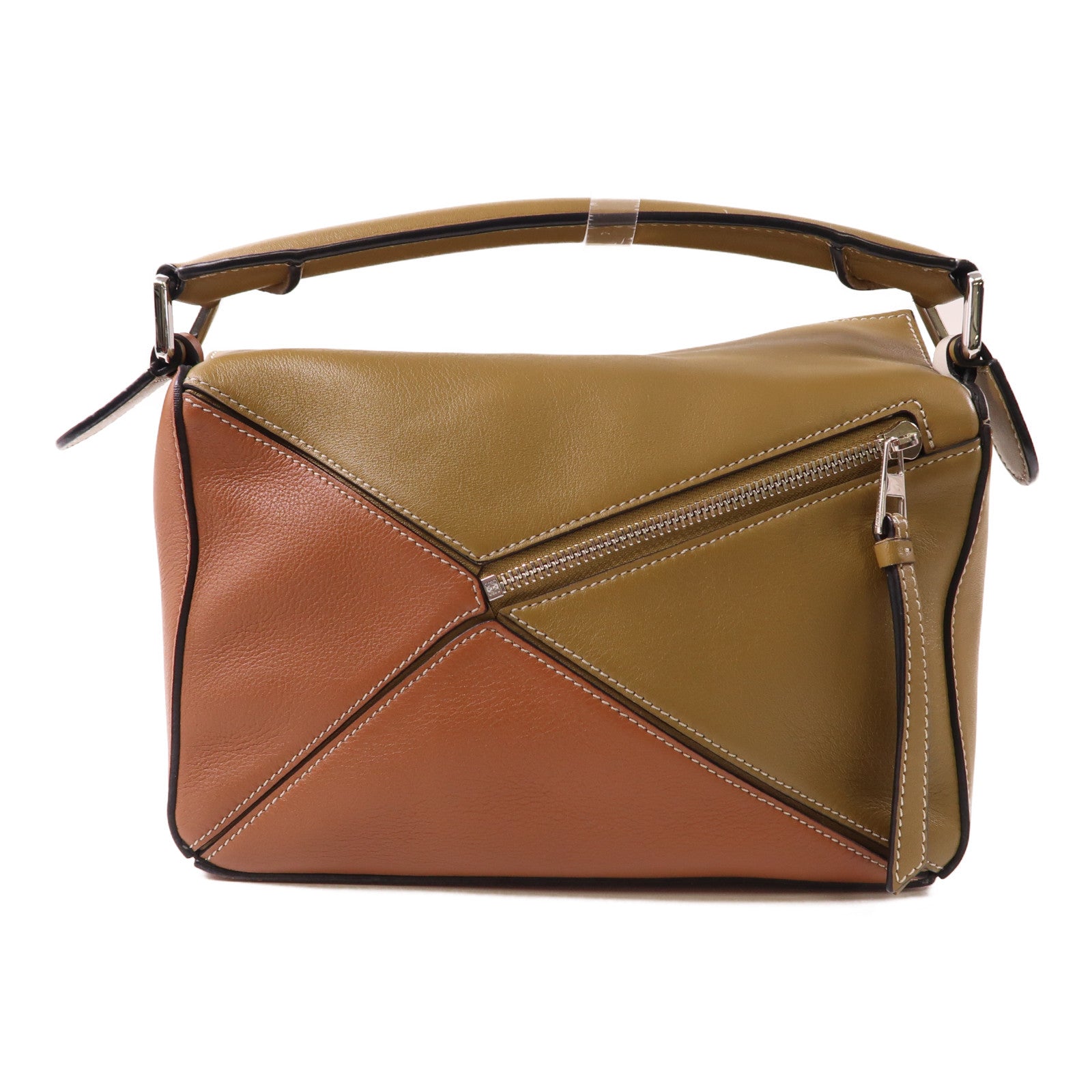 LOEWE 皮革Small Puzzle銀扣手挽肩背兩用袋米色/啡色