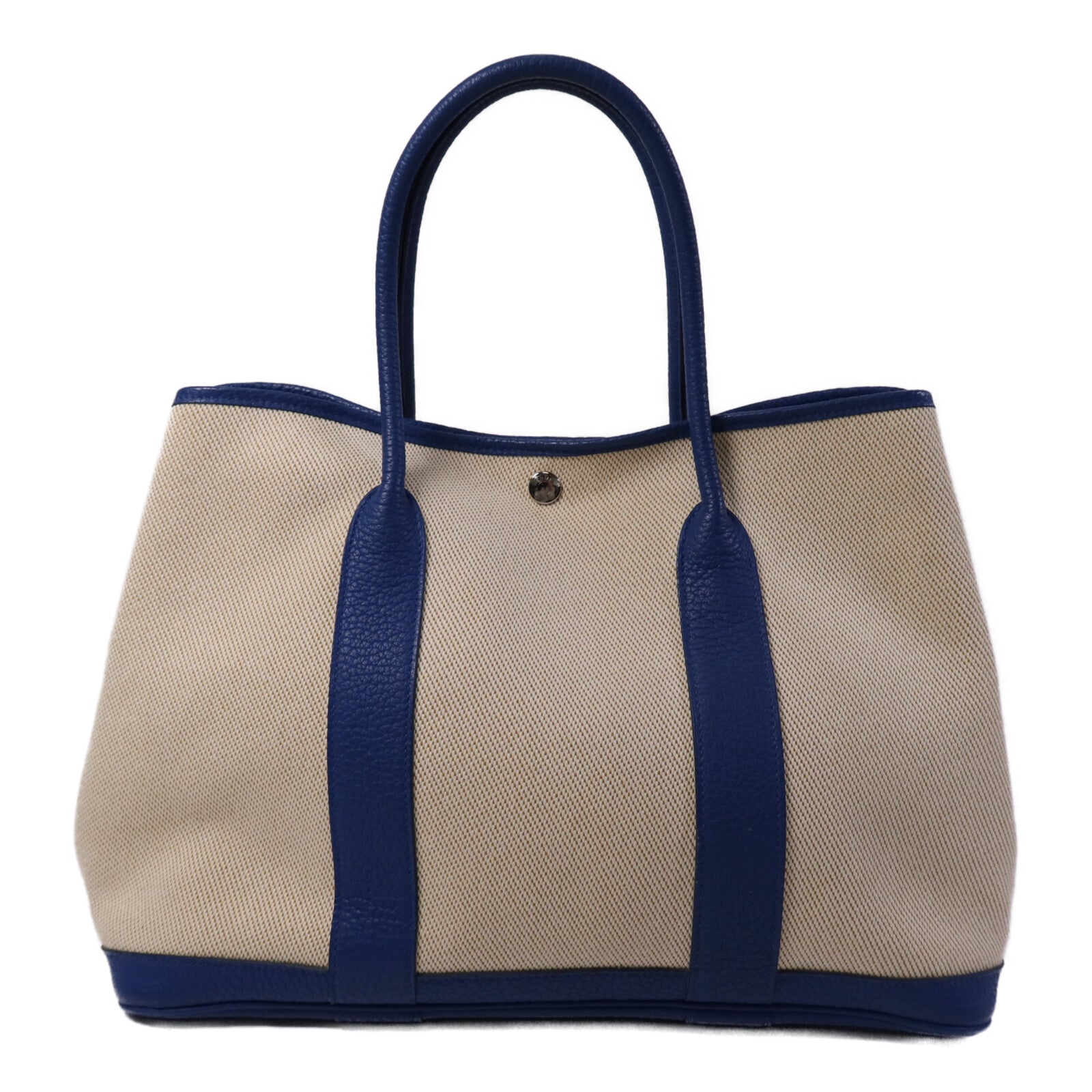 HERMES 帆布/皮革Garden Party PM銀扣手挽袋Bleu France