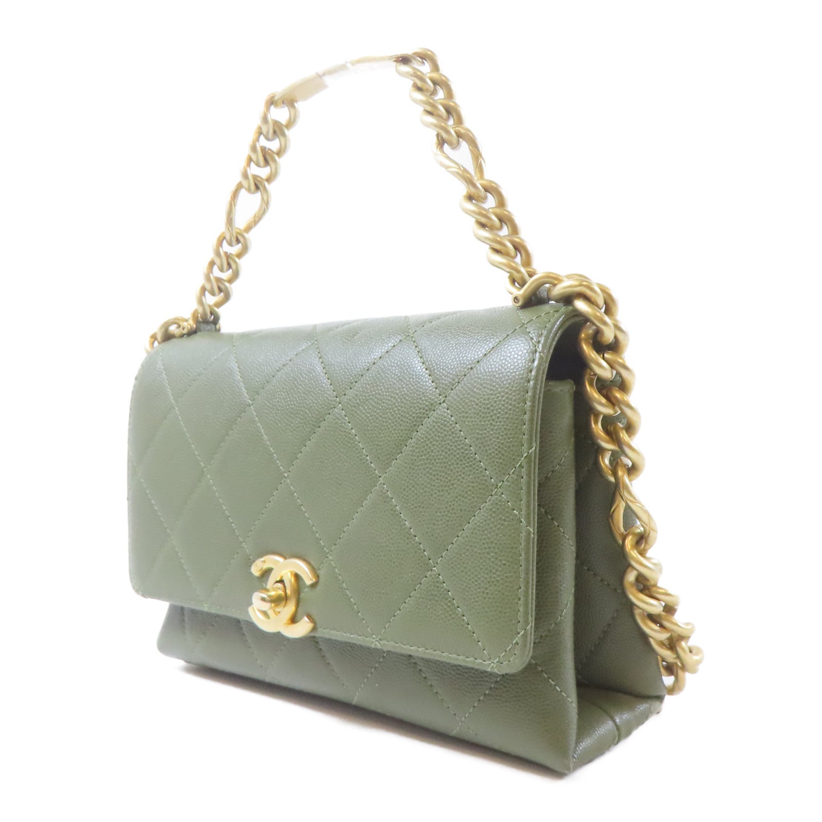 CHANEL 【激減優惠】菱格牛皮皮革21B Flap Bag金扣鏈帶手挽肩背兩用袋綠色