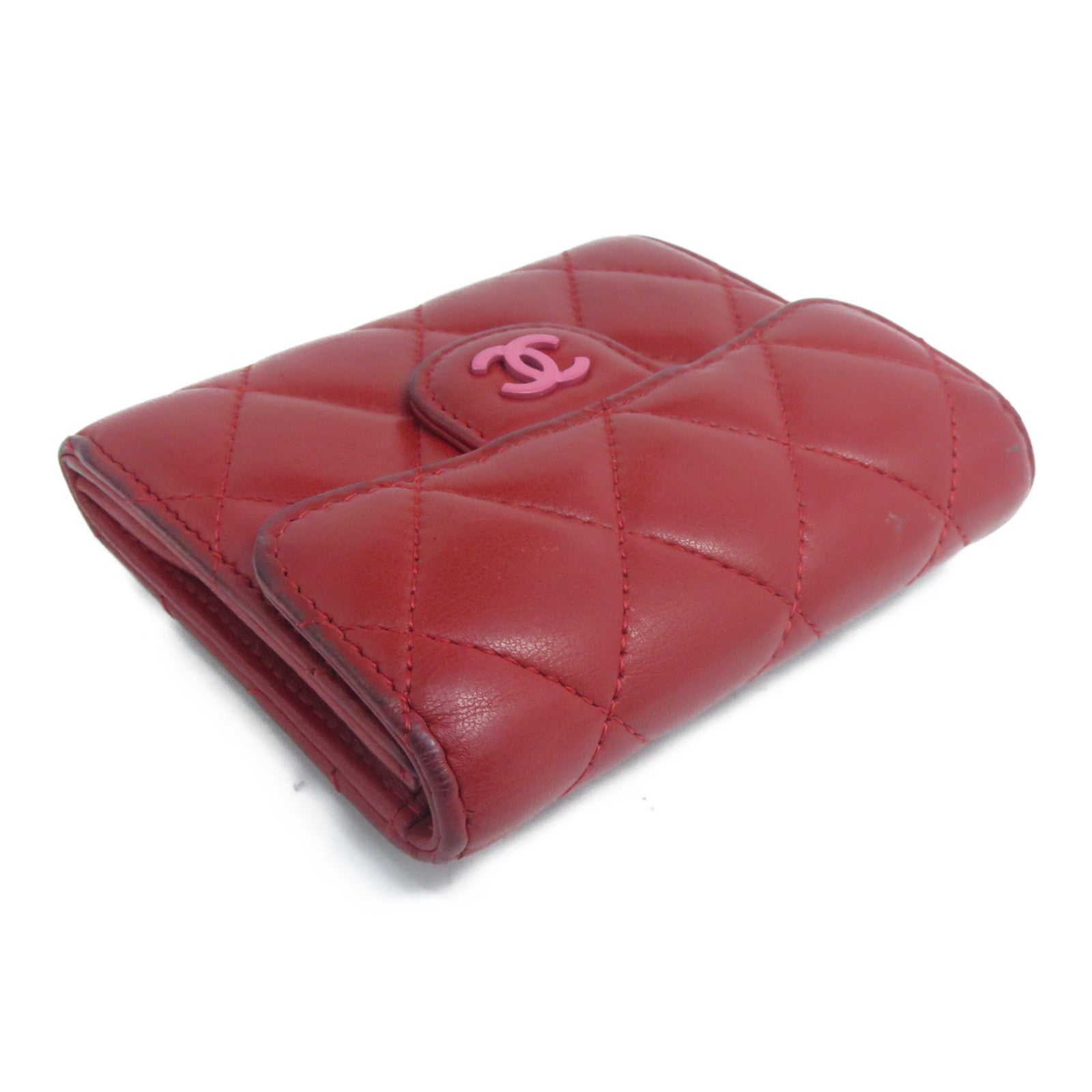 CHANEL 【清倉大減價】菱格羊皮皮革Coin Purse銀扣零錢包紅色
