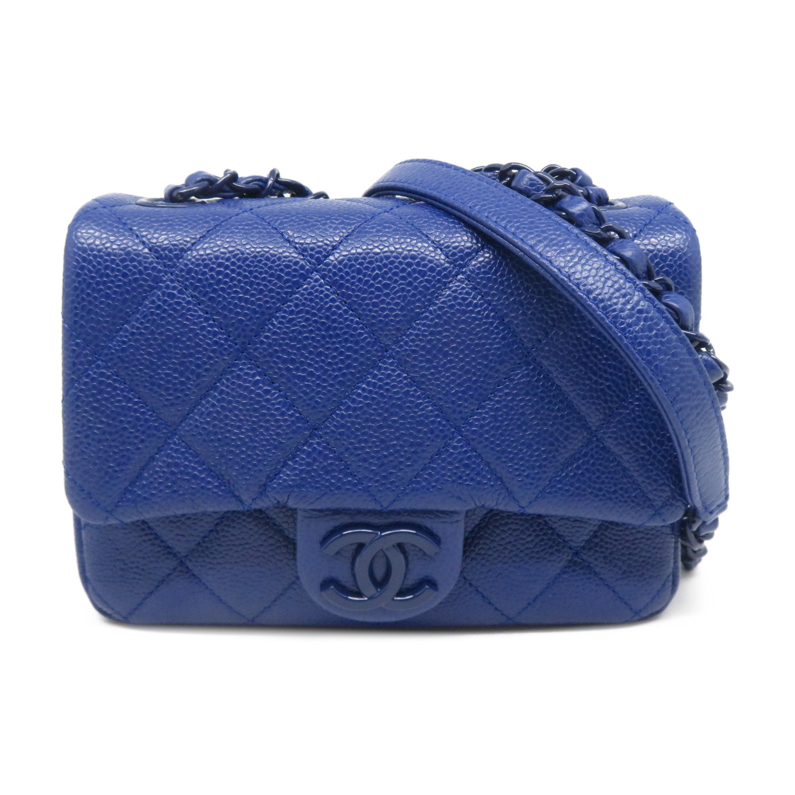 CHANEL 【激減優惠】菱格Caviar皮革Chain Shoulder銀扣鏈帶肩背袋藍色