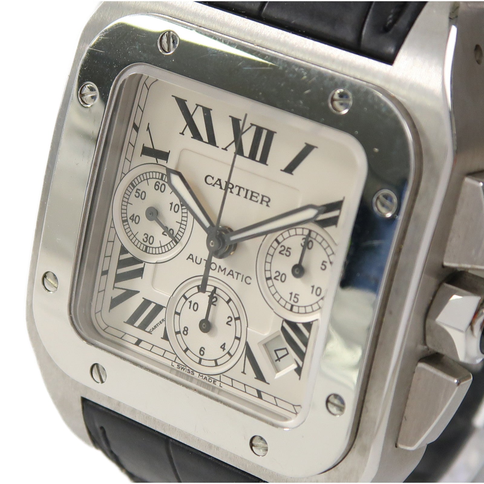 CARTIER Santos 100 XL不鏽鋼/皮革帶手錶自動機芯米色