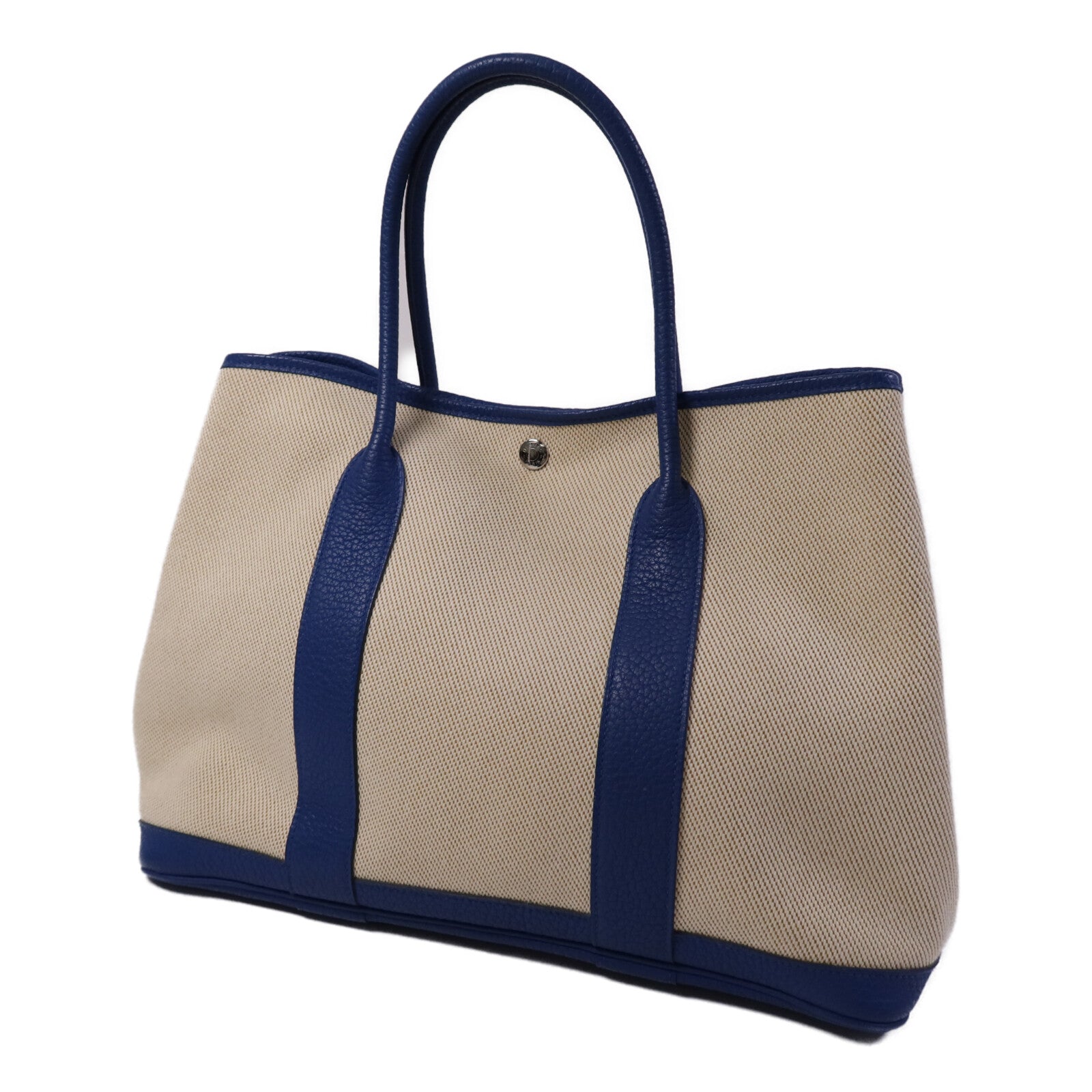 HERMES 帆布/皮革Garden Party PM銀扣手挽袋Bleu France