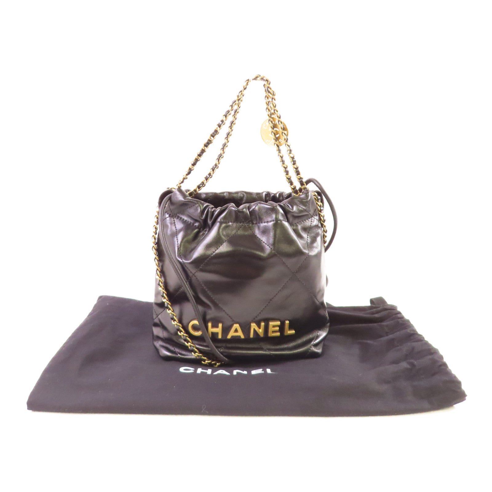 CHANEL 菱格牛皮皮革Chanel 22 Mini 2Way Chain Shoulder Bag金扣手挽肩背兩用袋黑色