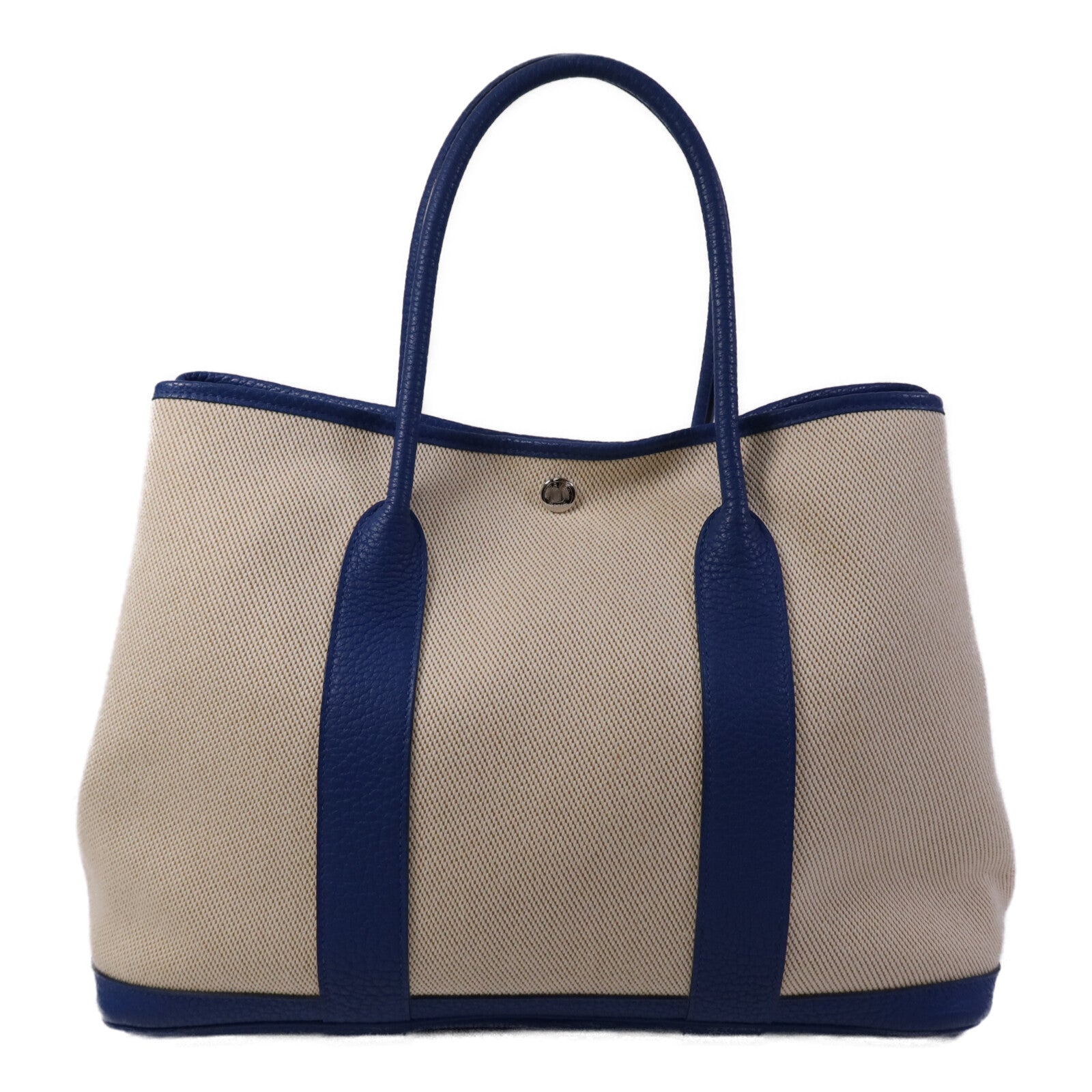 HERMES 帆布/皮革Garden Party PM銀扣手挽袋Bleu France