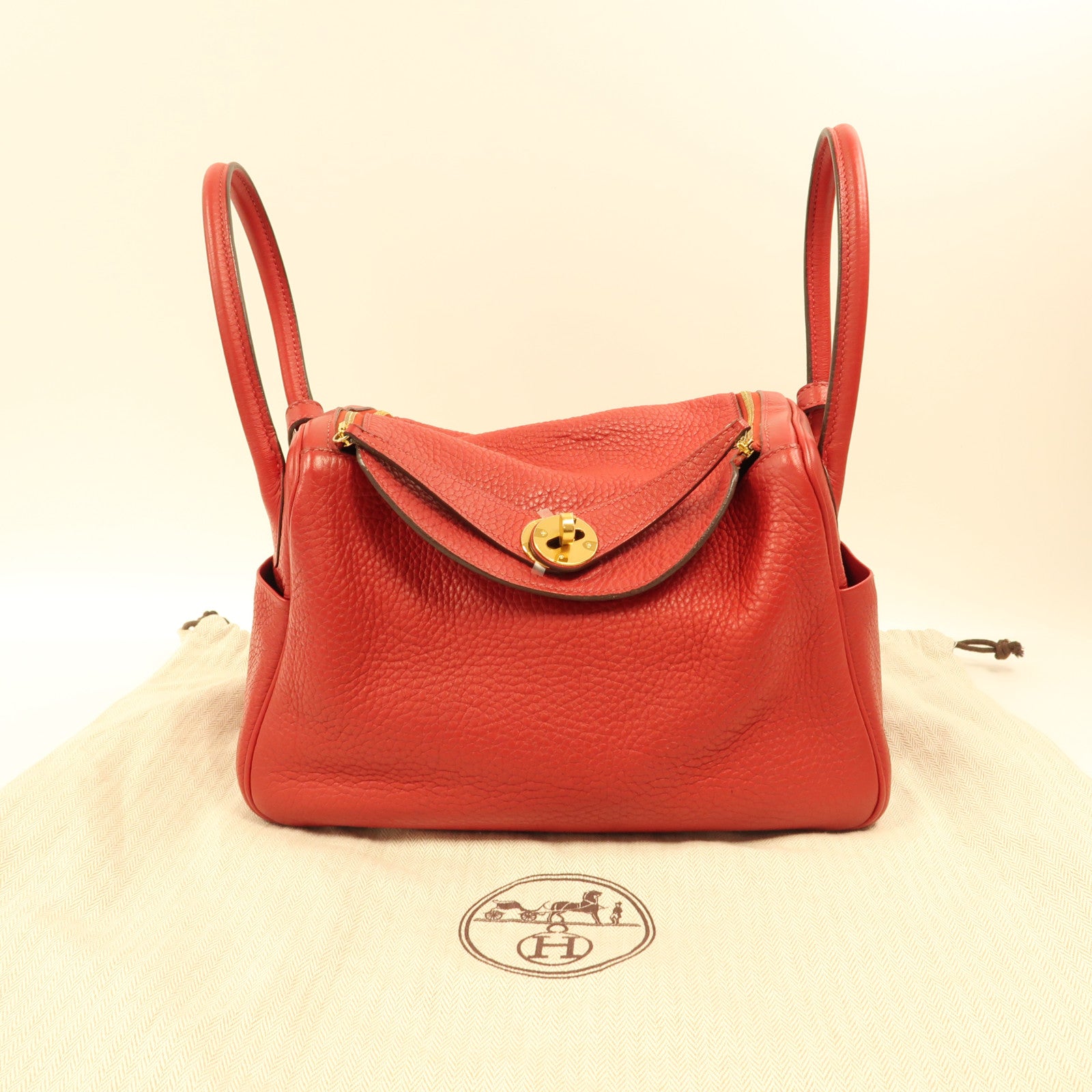 HERMES Clemence皮革Lindy 26金扣手挽肩背兩用袋紅色