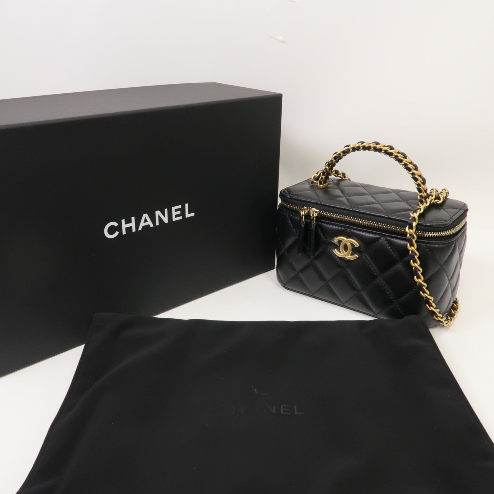 CHANEL 菱格羊皮皮革Small Vanity Case金扣手挽肩背兩用袋黑色