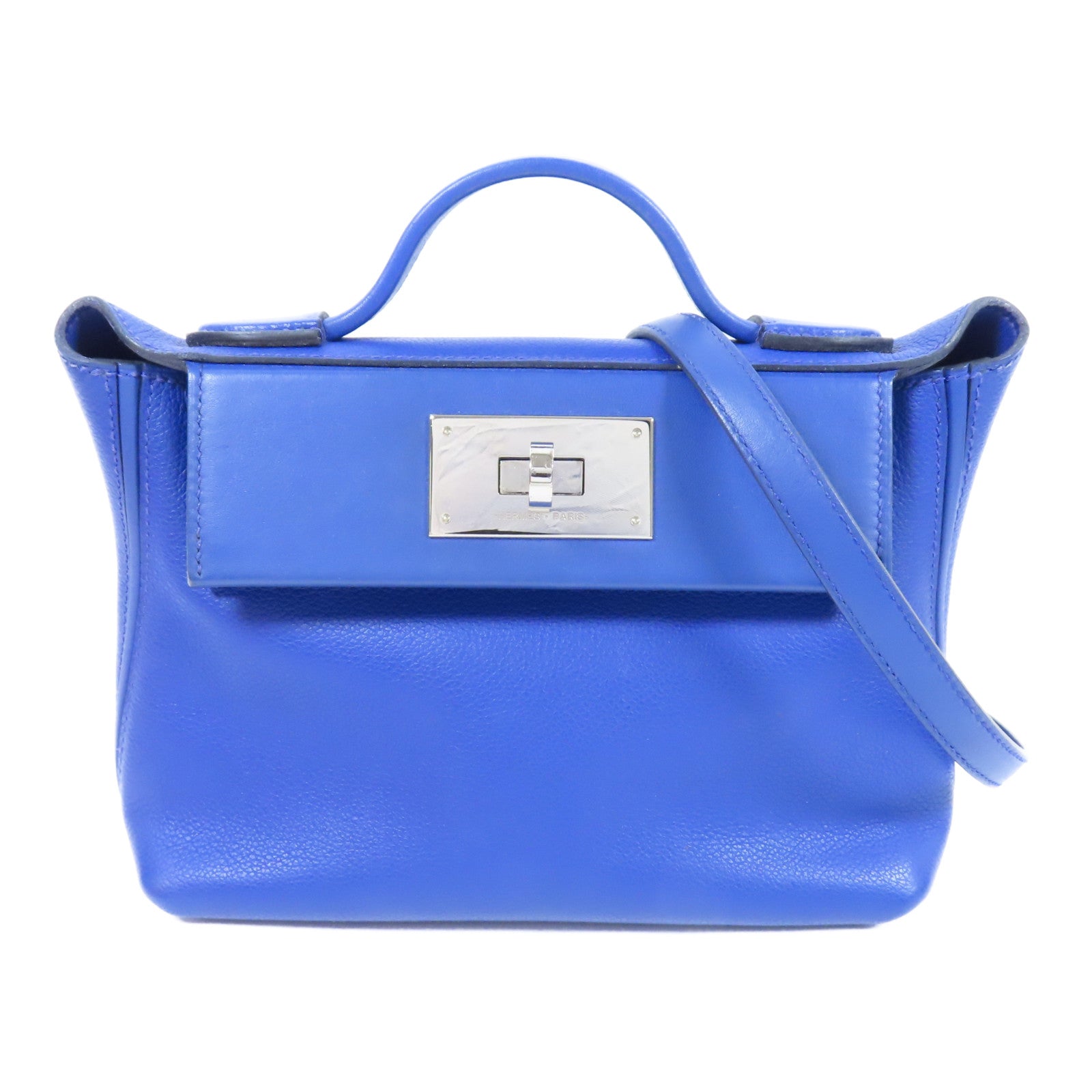 HERMES Evercolor/Swift皮革24/24 Mini銀扣手挽肩背兩用袋Bleu Royal