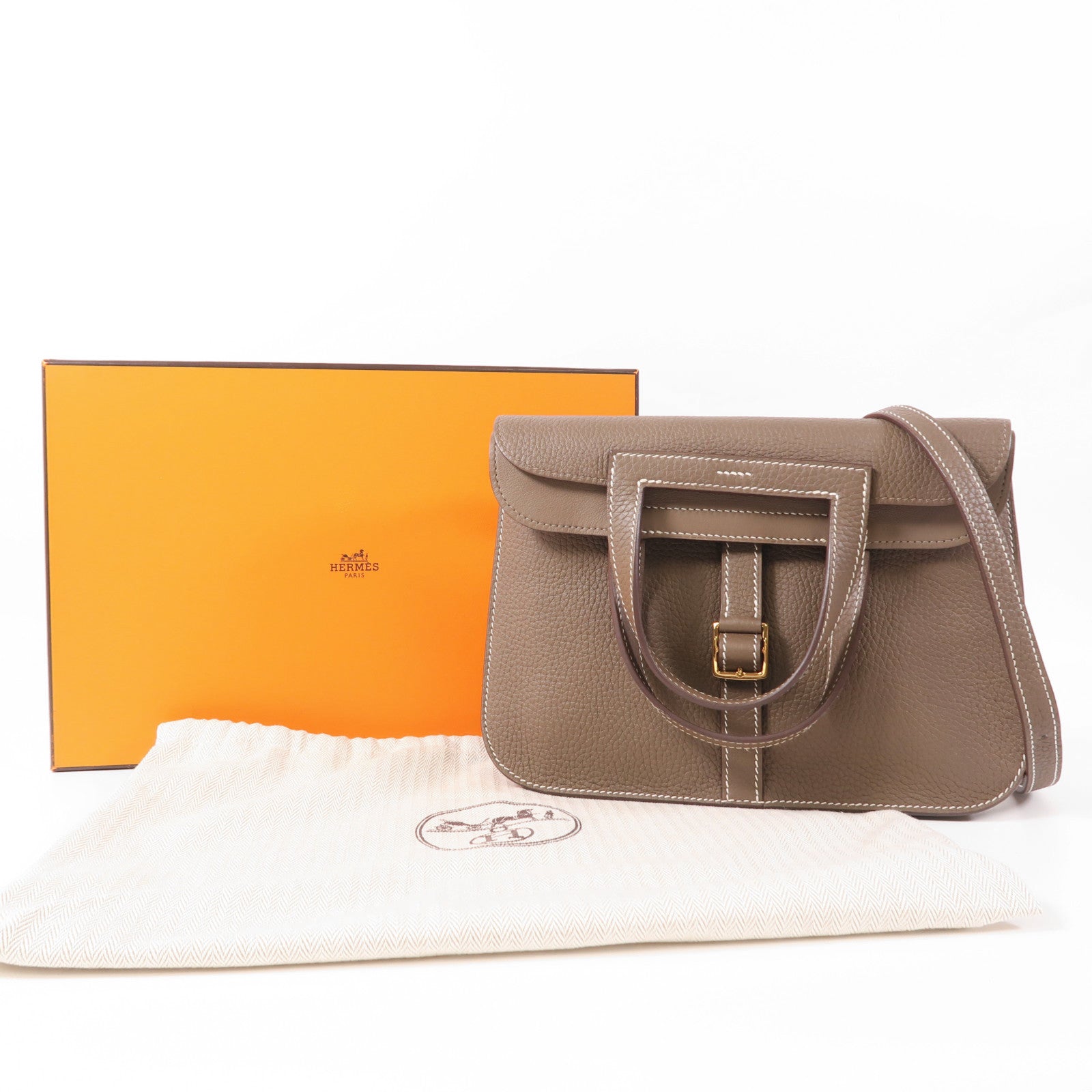 HERMES Clemence皮革Halzan 25金扣手挽肩背兩用袋Etoupe