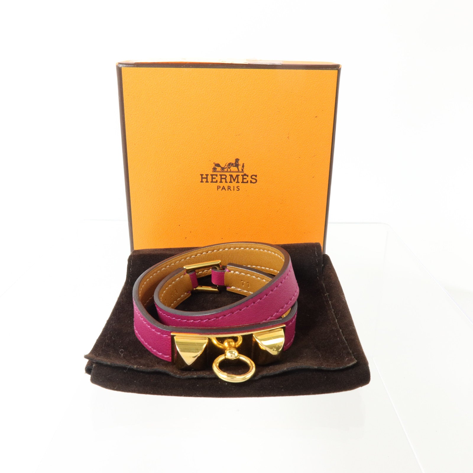 HERMES Swift皮革Rivale Double Tour Bangel金扣手鐲Rose Pourpre