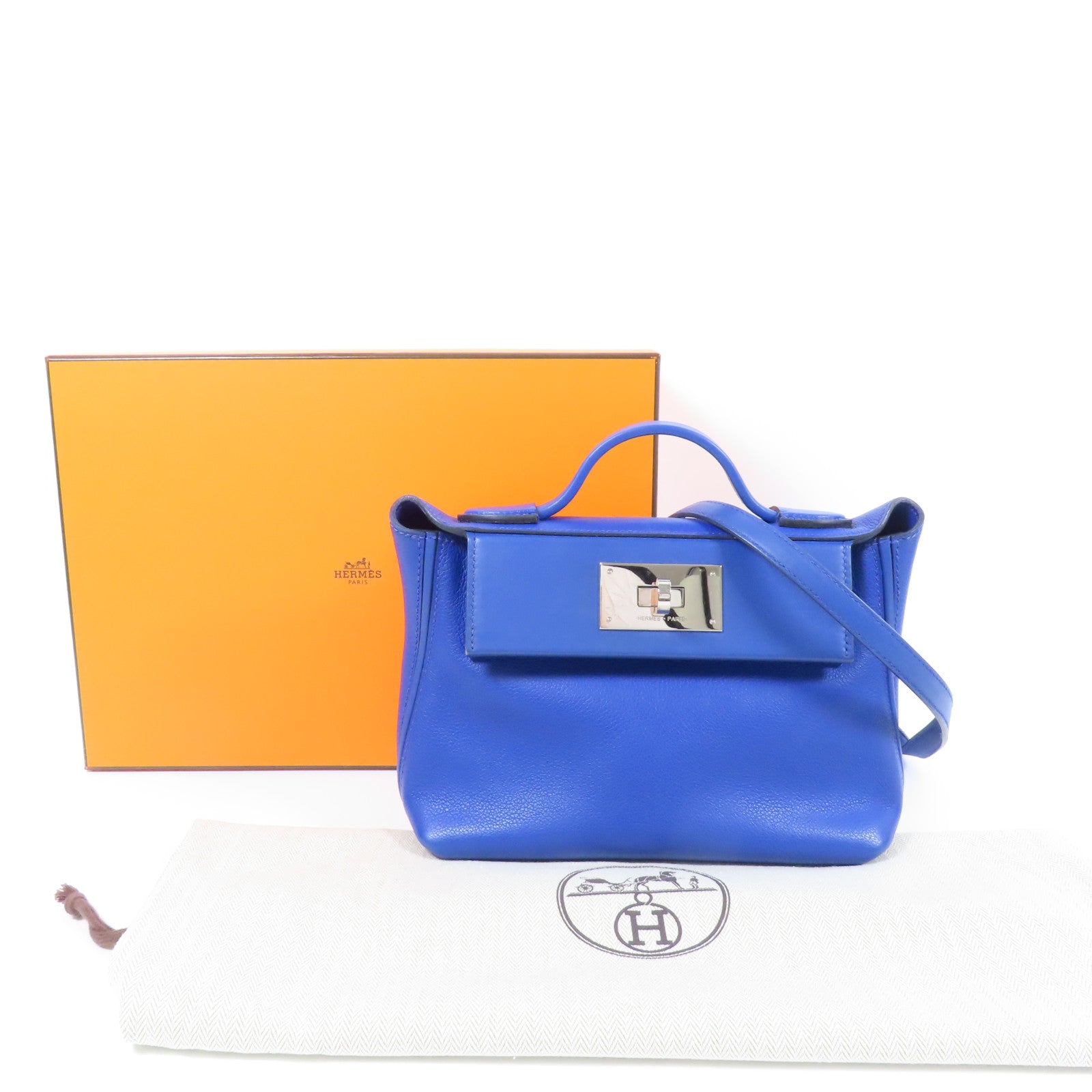 HERMES Evercolor/Swift皮革24/24 Mini銀扣手挽肩背兩用袋Bleu Royal