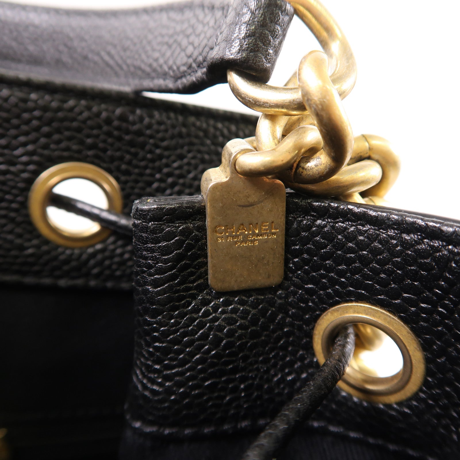 CHANEL 牛皮皮革Bucket Bag金扣鏈帶手挽肩背兩用袋
