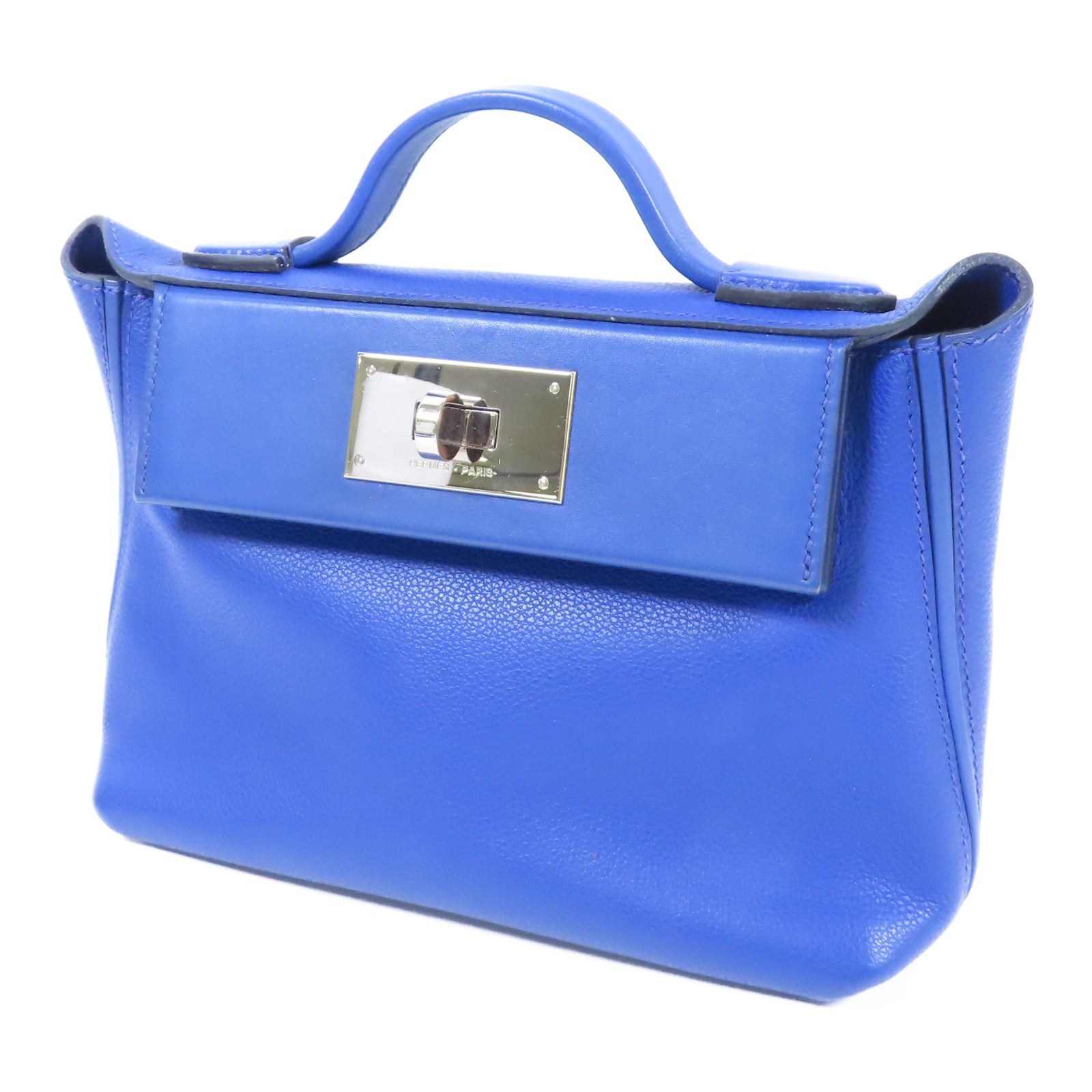 HERMES Evercolor/Swift皮革24/24 Mini銀扣手挽肩背兩用袋Bleu Royal
