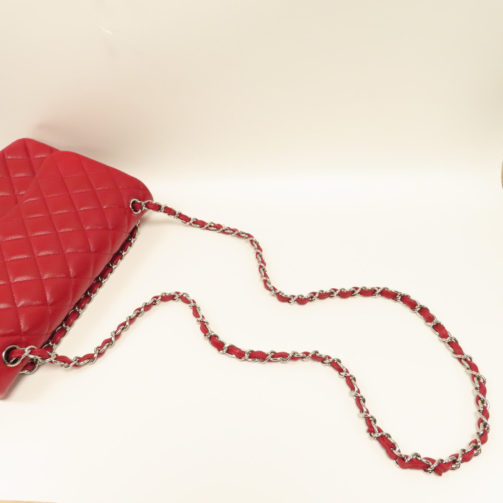 CHANEL 【激減優惠】菱格牛皮皮革Classic Jumbo銀扣鏈帶肩背袋紅色