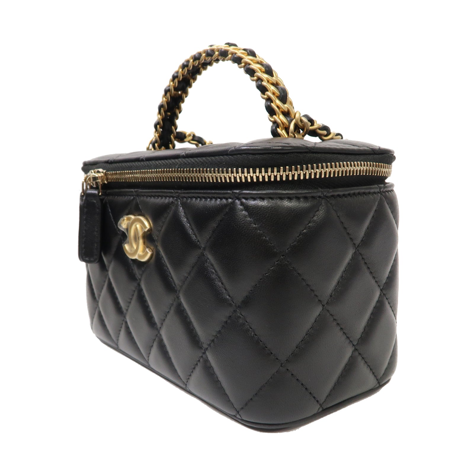 CHANEL 菱格羊皮皮革Small Vanity Case金扣手挽肩背兩用袋黑色