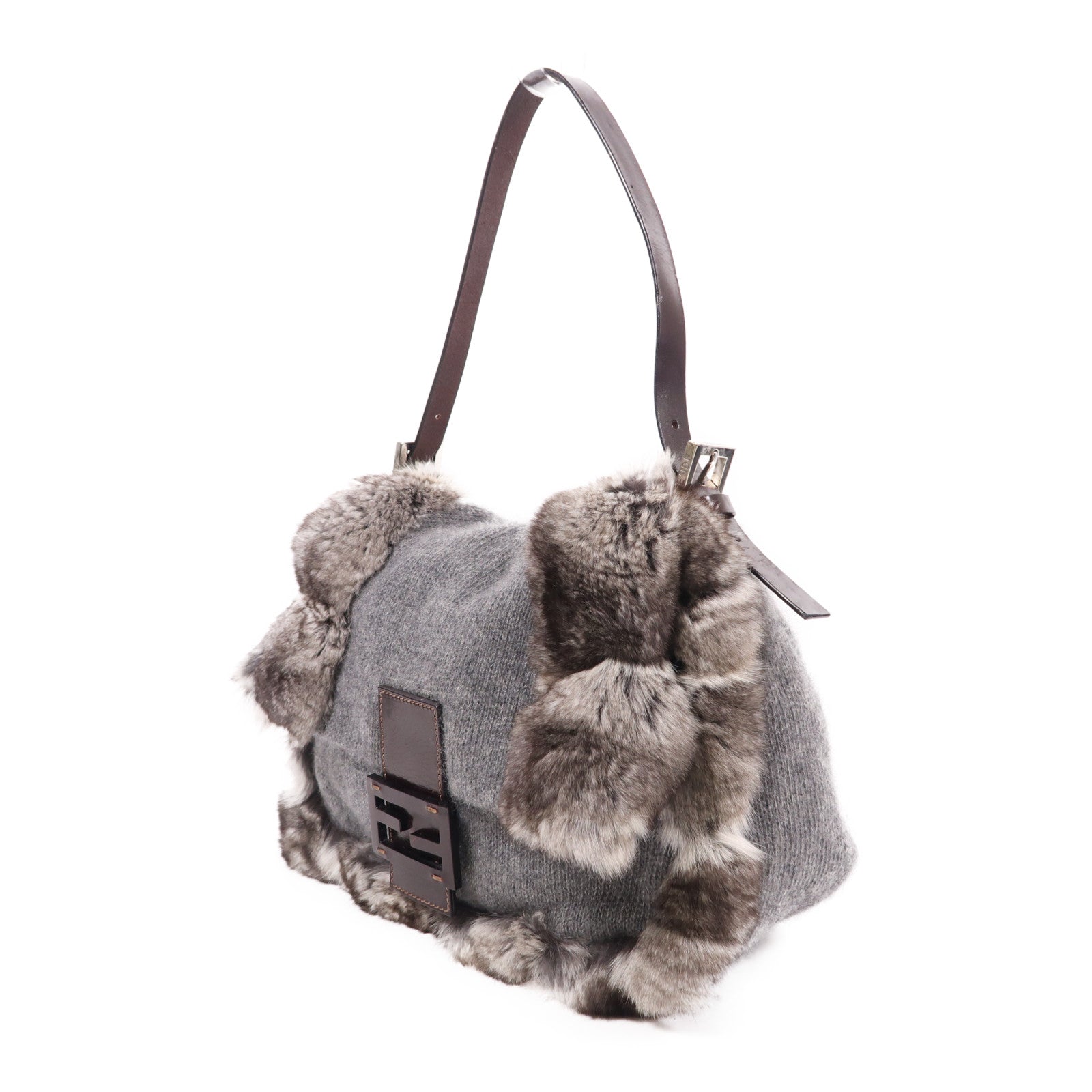 FENDI 羊毛/兔毛Baguette銀扣肩背袋