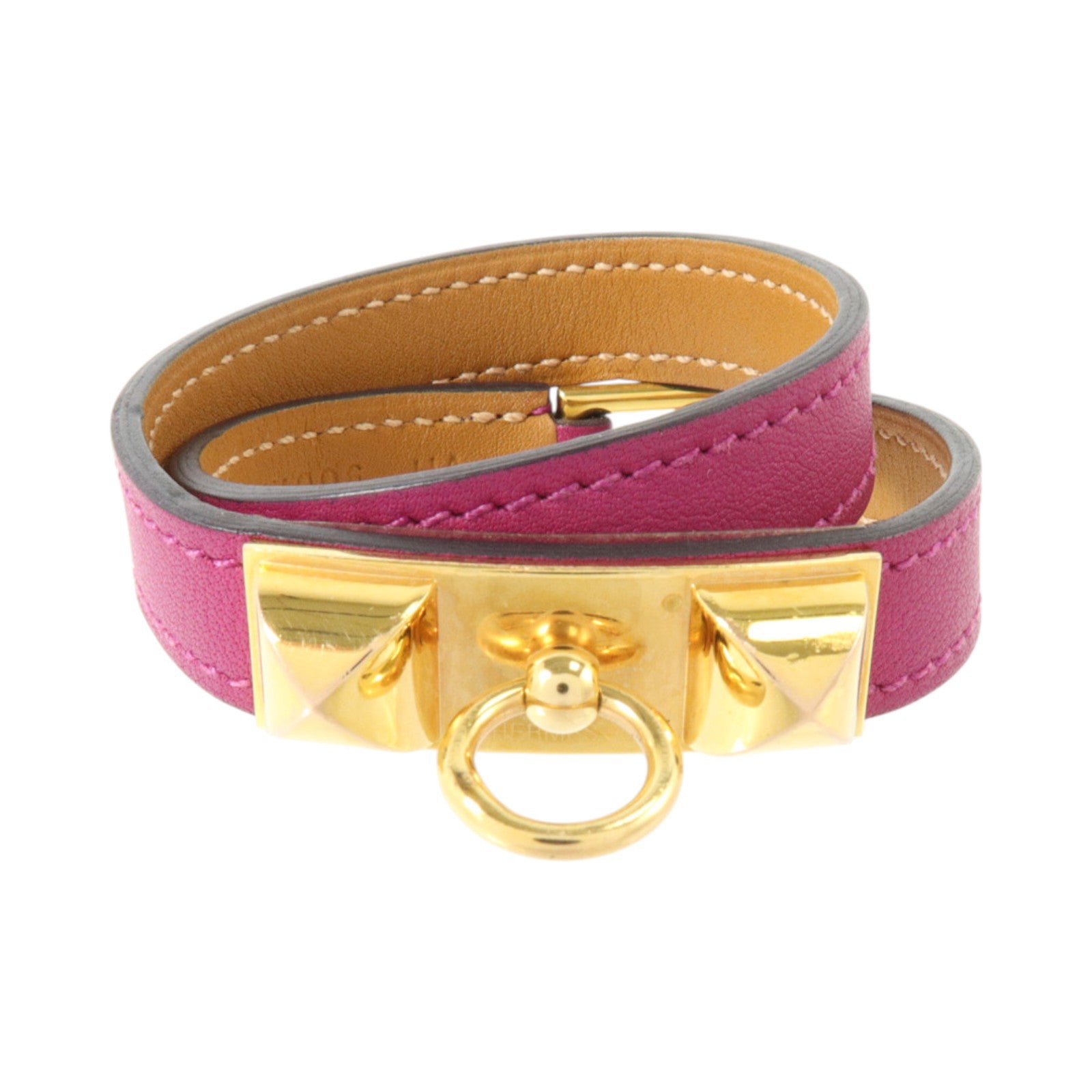 HERMES Swift皮革Rivale Double Tour Bangel金扣手鐲Rose Pourpre