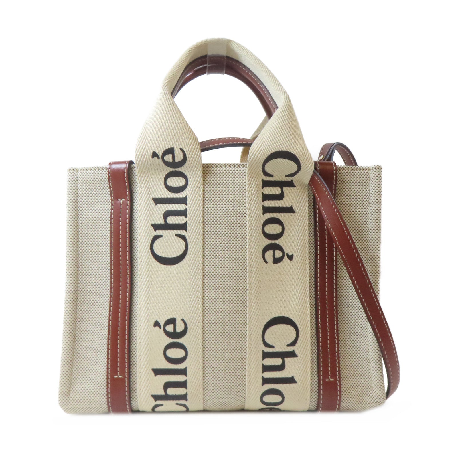 Chloe 帆布Woody Tote Bag銀扣手挽肩背兩用袋米色/啡色