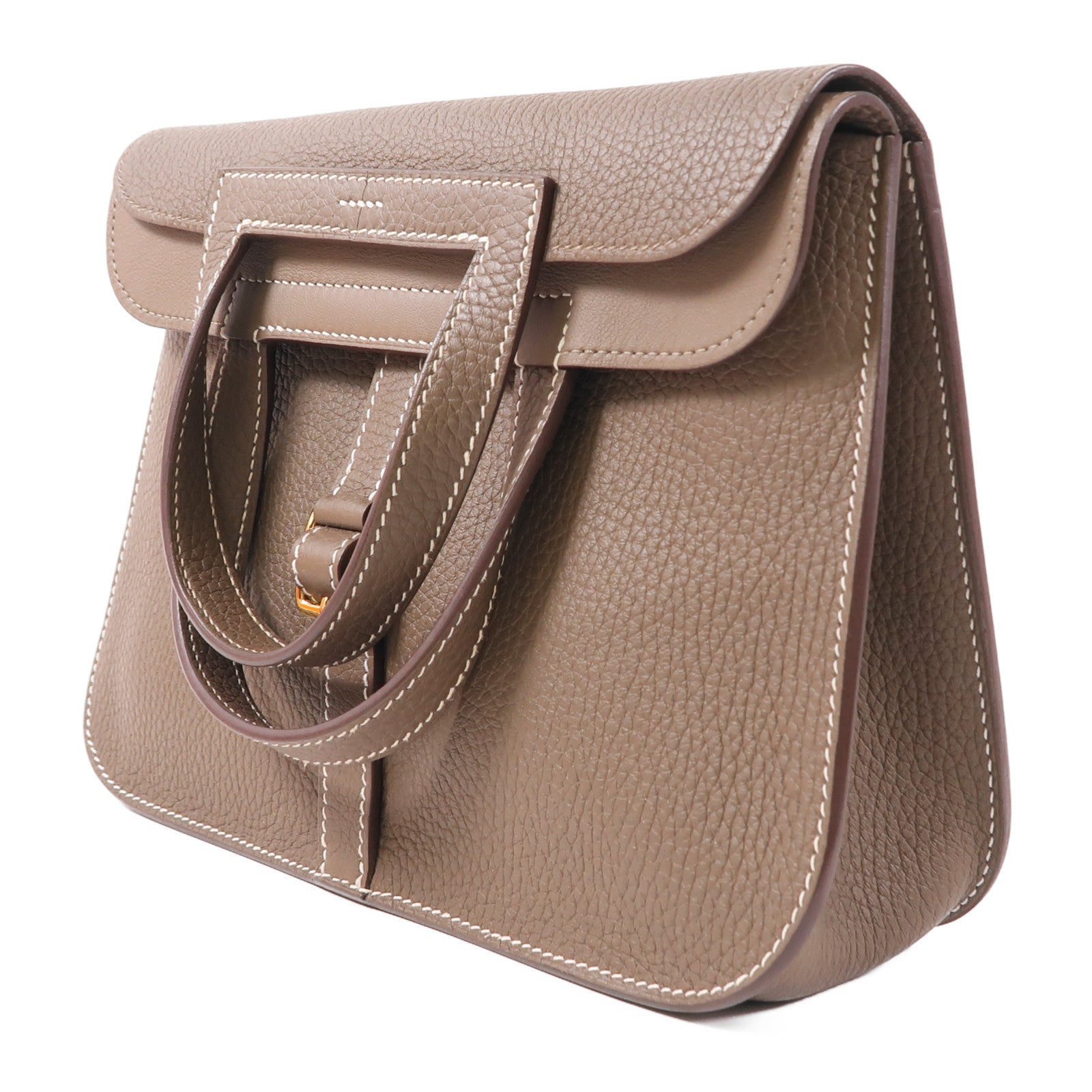 HERMES Clemence皮革Halzan 25金扣手挽肩背兩用袋Etoupe