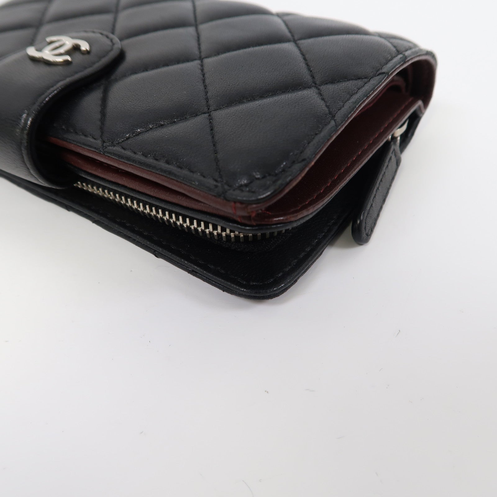 CHANEL 菱格羊皮皮革Wallet銀扣長錢包黑色