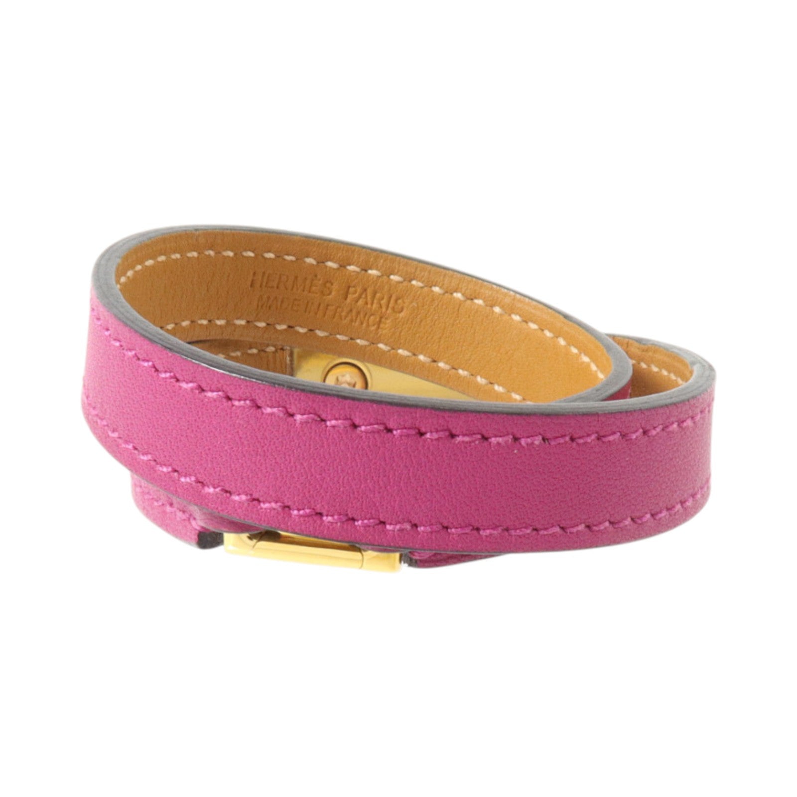HERMES Swift皮革Rivale Double Tour Bangel金扣手鐲Rose Pourpre