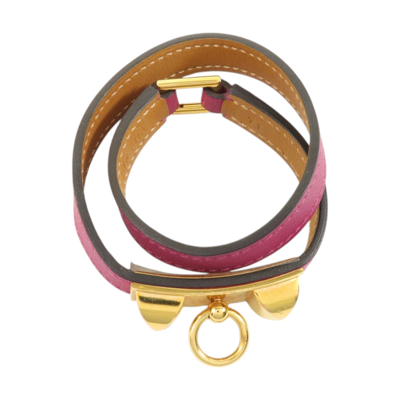 HERMES Swift皮革Rivale Double Tour Bangel金扣手鐲Rose Pourpre