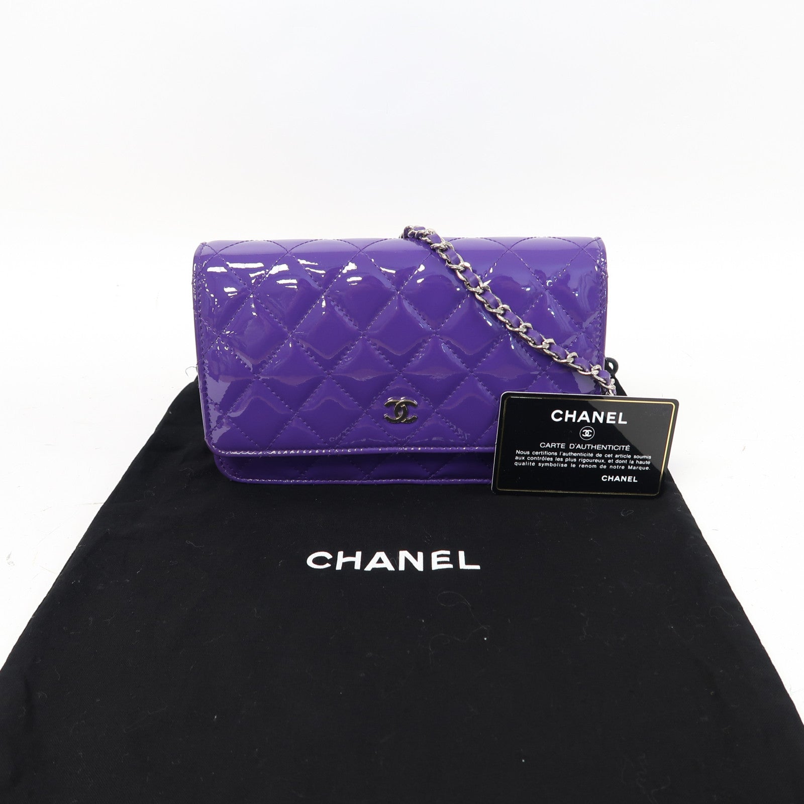 CHANEL 菱格漆皮皮革Wallet On Chain銀扣鏈帶肩背袋紫色