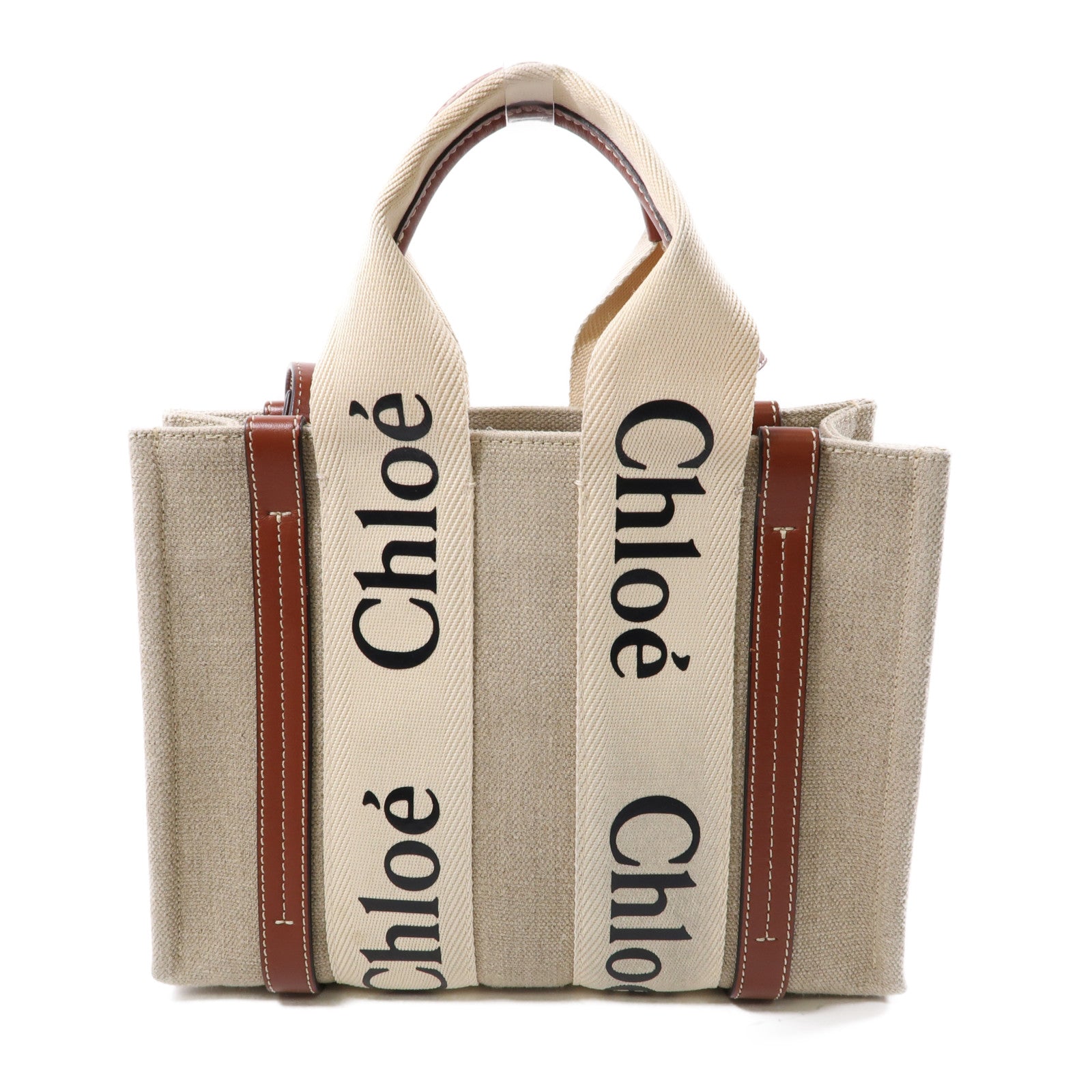 Chloe 帆布Mini Woody金扣手挽肩背兩用袋米色/啡色